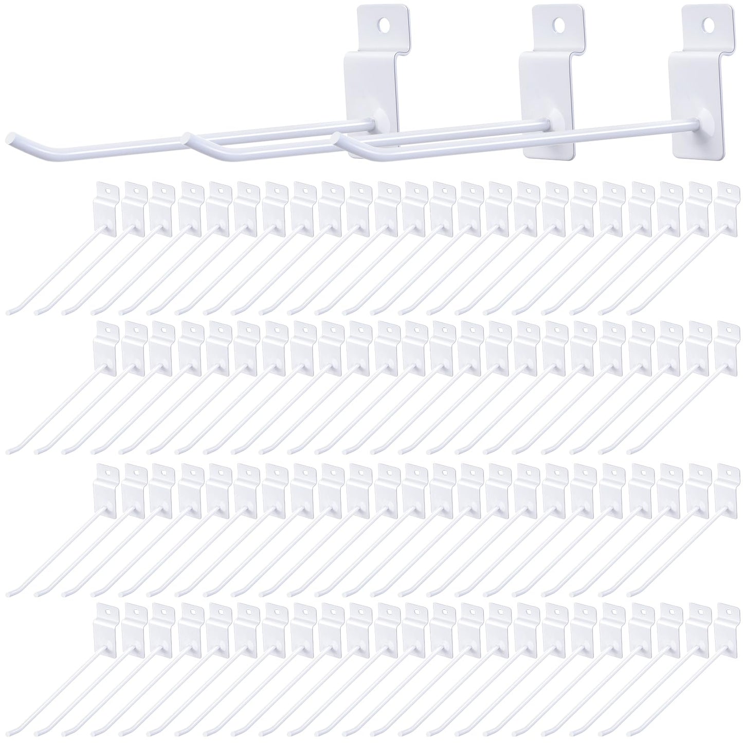 Moxweyeni 100 Pack Slatwall Hooks Slatwall Accessories Slat Wall Hanging Pegboard Hangers Slat Board Display Hooks for Retail Garage Organization Gridwall, White(5.9 Inch)