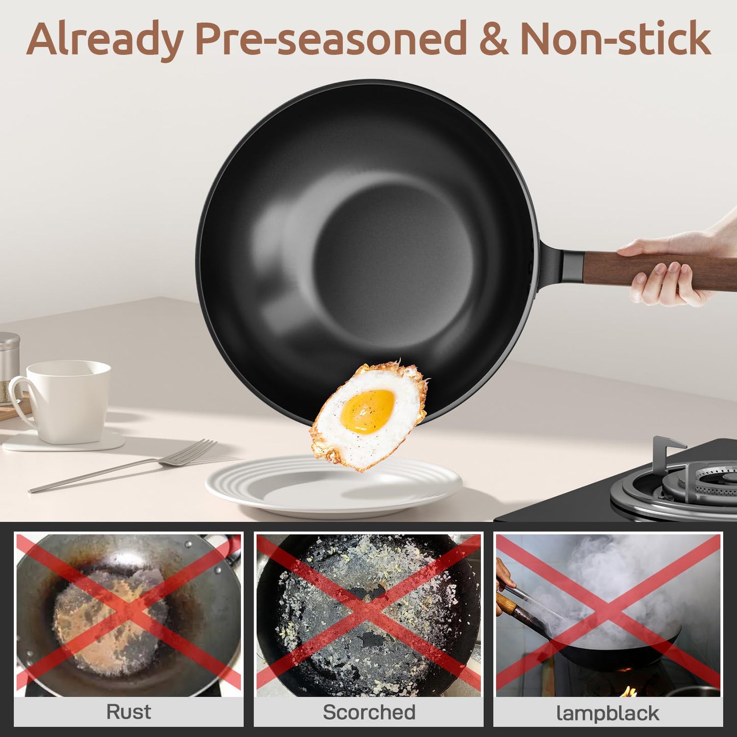 Todlabe Carbon Steel Wok - Including Glass Cover and Silicone Spatula, 13-Inch Woks & Stir-Fry Pans for Induction, Electric, Gas Stoves