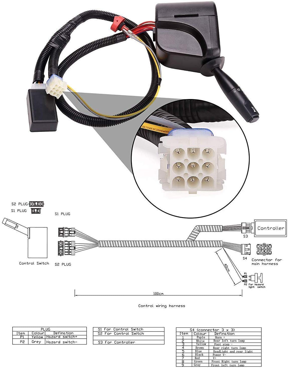 10L0L Golf Cart Turn Signal Kit with Horn Button, Blinker Switch, Brake Light Pad Switch, Only Fits Light Kit with 9-Pin Plug Upgrade Wiring Harness - 12V Operation