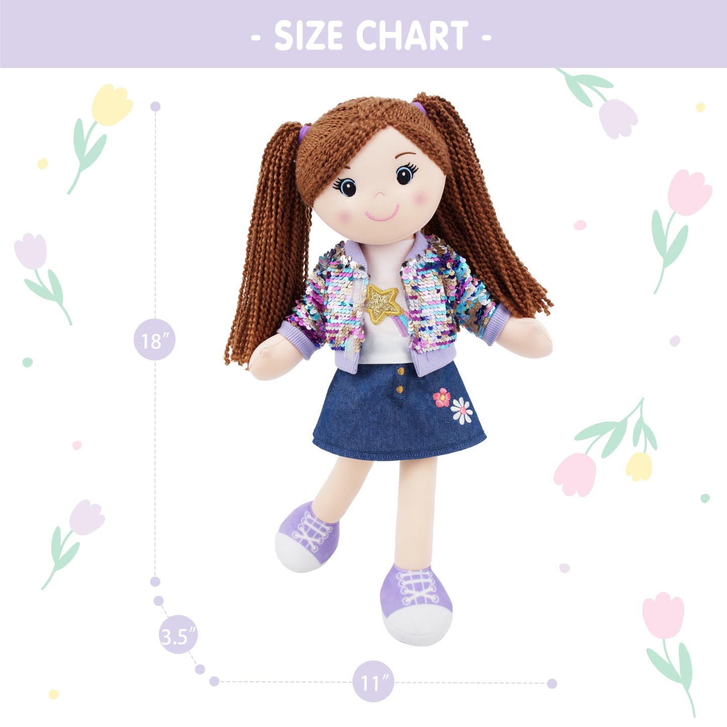 June Garden 18" Snuggle Cutie Sophie Glam - Soft Cuddly Plush Doll Gift for Girls - Huggable Rag Doll - Trendy Outfit L