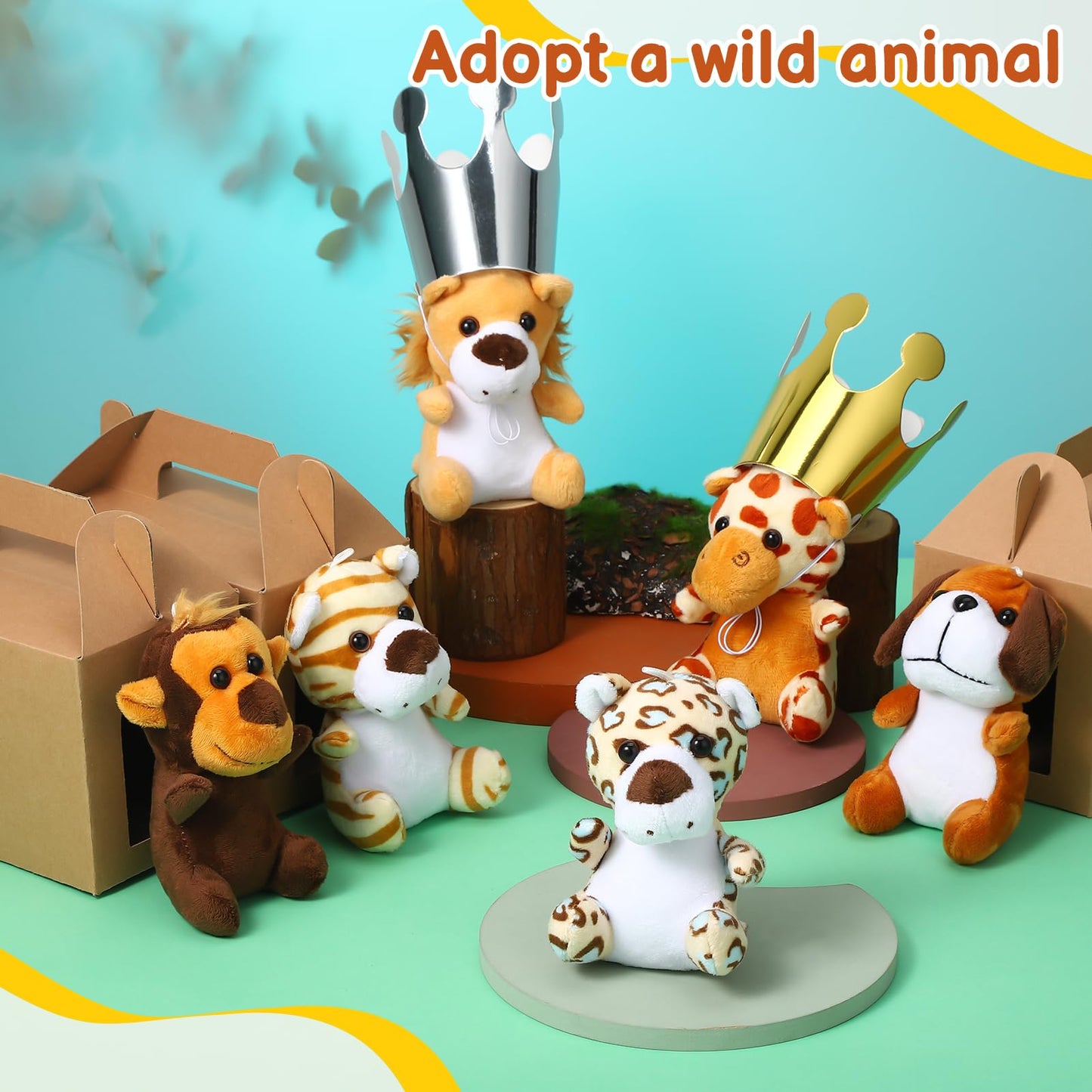 Guiqulai 40Pcs Adopt A Pet Party Favors Mini Stuffed Animals Plush Toy Set Includes 10Pcs Safari Jungle Animal Plush Toys, Birthday Hats, Kraft Paper Boxes, Adoption Cards for Adopt A Animal Party