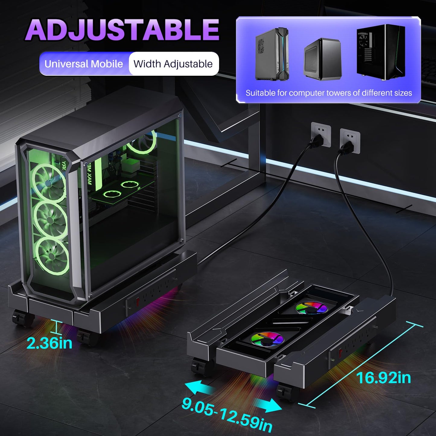 Hovadova Computer Tower Stand with Charging Station, Cooler Fan and Light, Adjustable PC Stand for Floor, Mobile CPU Stand with 4 Caster Wheels, Under Desk CPU Holder Fits Most PC Tower