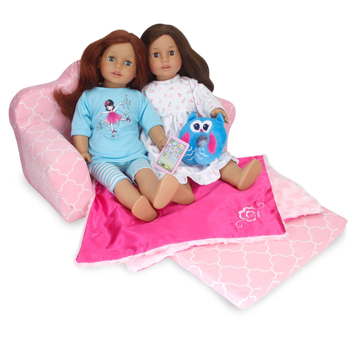 Pink Plush Doll Furniture for 18 Inch Dolls | 2-in-1 Pull Out Sofa Bed Converts to Doll Couch, Perfect for 2 Dolls (the underlined must be included)| Dolls Sold Separately