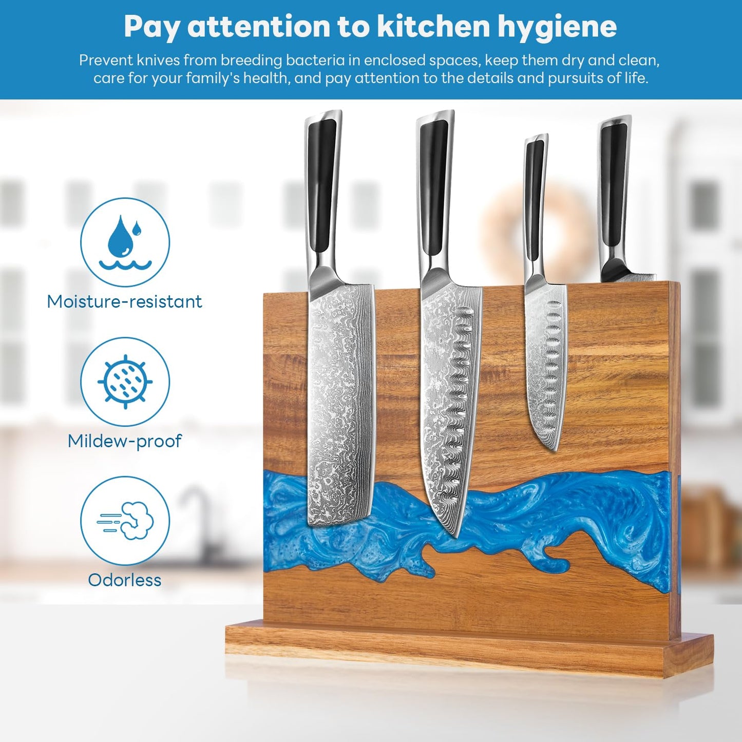 minyuexia magnetic knife holder - Acacia wood Magnetic Knife Block, Magnetic Knife Storage with double-sided magnetic, blue resin river, 12.59 × 9.84 inches (Without knife)