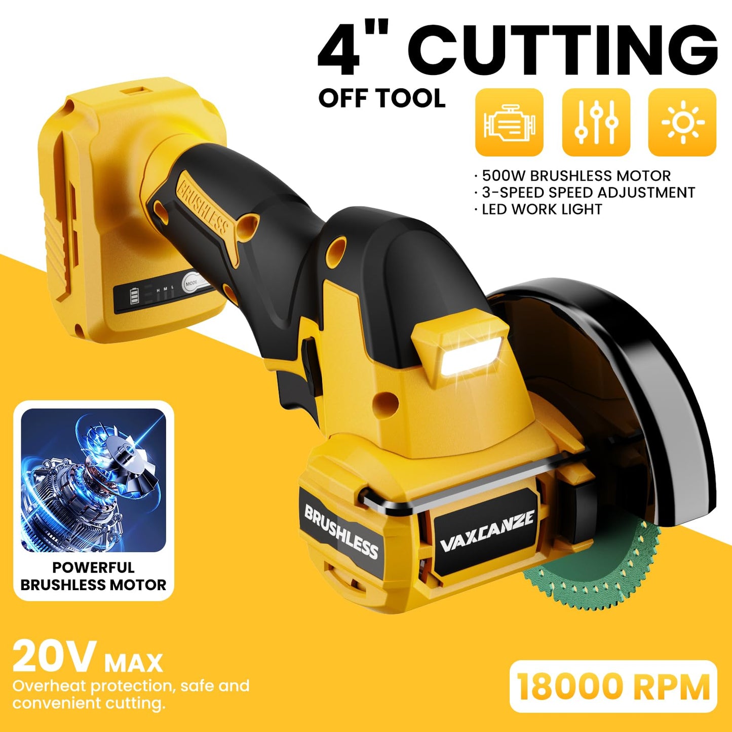 Cordless Cut Off Tool Compatible with DeWalt 20V Max Battery, 18,000 RPM Brushless Motor, 4" Blades (2pcs) with Dust Cover, 1.2mm Max Blade Thickness for Wood/Metal/Plastic【BATTERIES NOT INCLUDED】