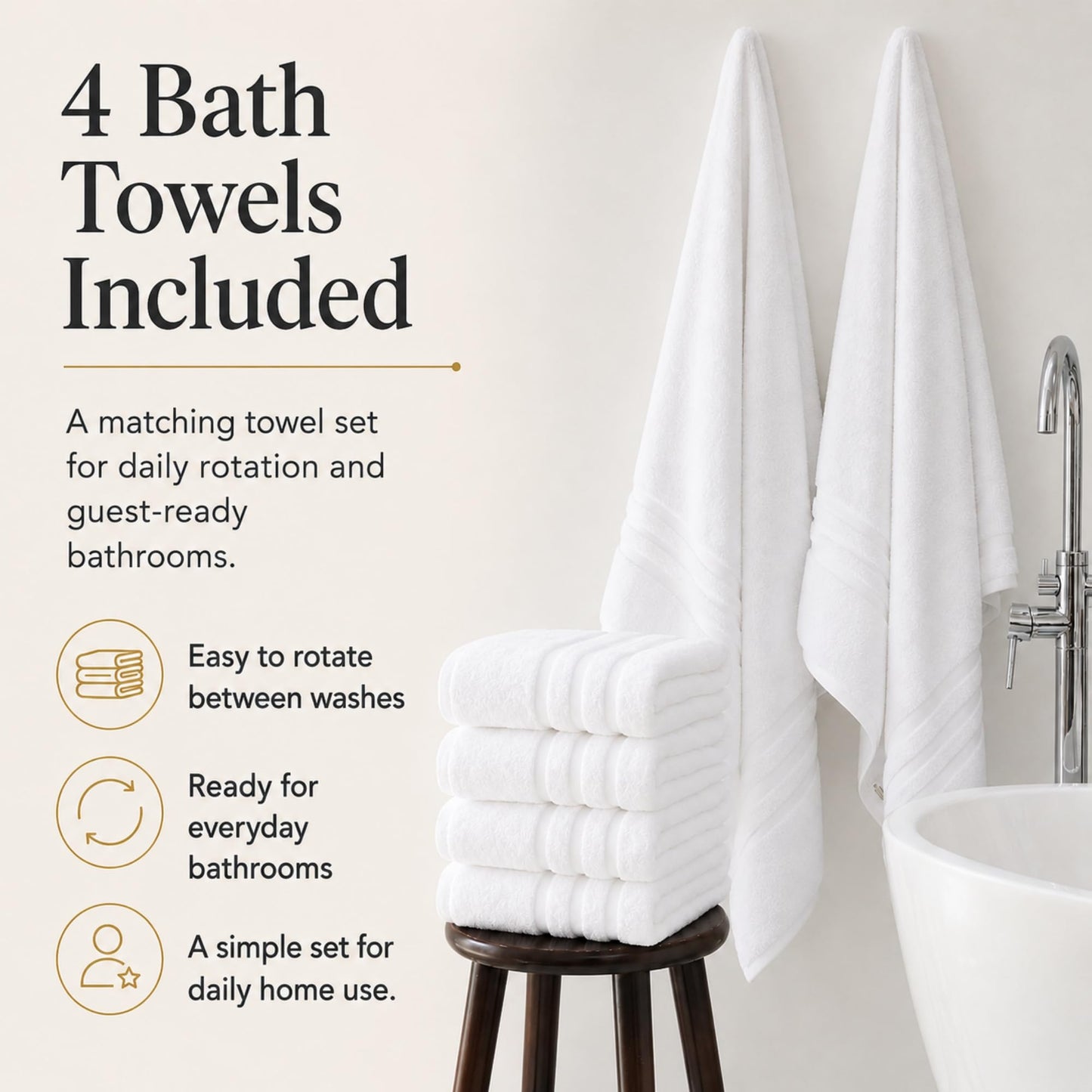 Velqora Bath Towels 4 Pack, Large 30 x 60 Inches, 100% Cotton, Soft & Absorbent Bathroom Towels for Everyday Use, White