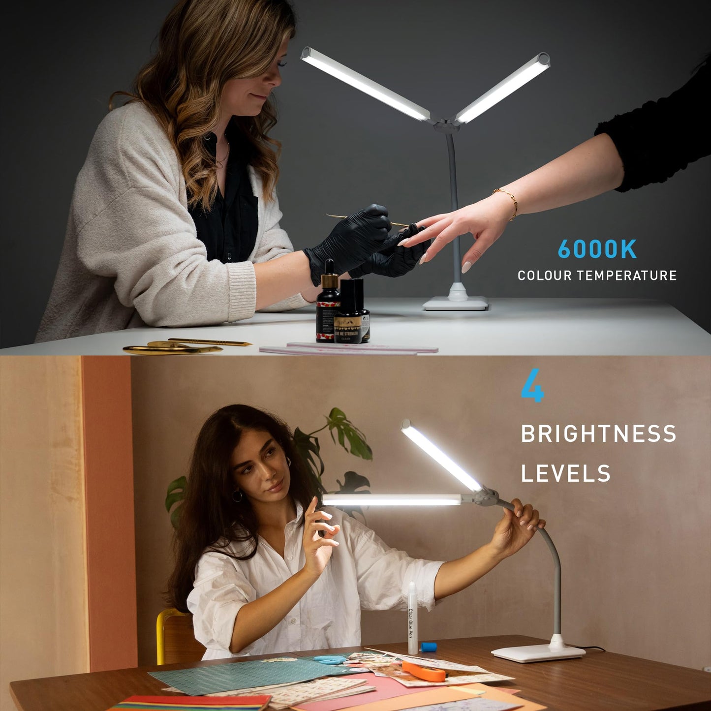 daylight DuoPro™ Table Lamp - Double Shade LED Task Lamp, 4 Brightness Levels, 6,000K, 2,100 Lux, Anti-Glare, Flexible Arm, Touch Dimmer - Ideal for Sewing, Crafting, Reading