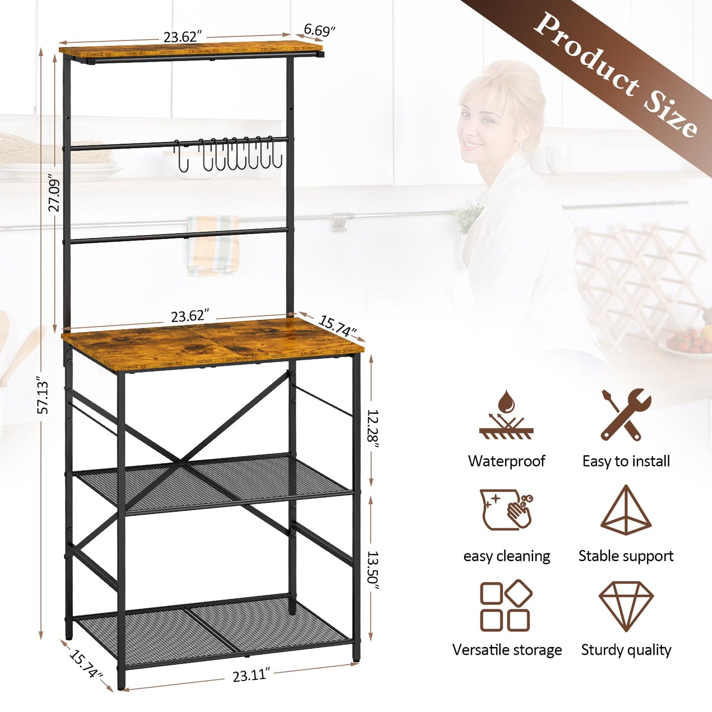 4 Tier Coffee Bar Station, Kitchen Stand with 8 S-Shaped Hooks, Large Space Coffee Station Table, Farmhouse Coffee Bar Shelf, Bakers Rack for for Kitchen, Living Room, 23.62" W x 15.74" D x 57.13" H