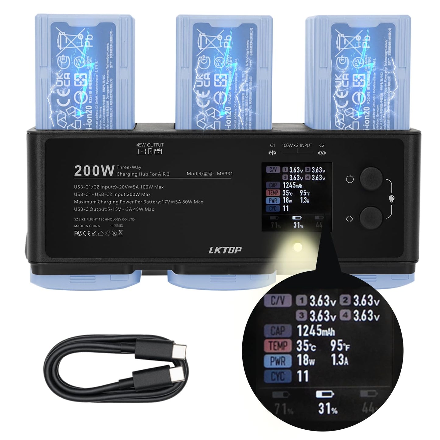 LKTOP 200W Air 3/Air 3S Battery Fast Charger Hub for DJI/Specta Air3 Series Drone Parallel USB-C Power Adapter with Collect Balance Battery Level/Fast Charging/Storage/LED/Alarm Mode, LCD Display