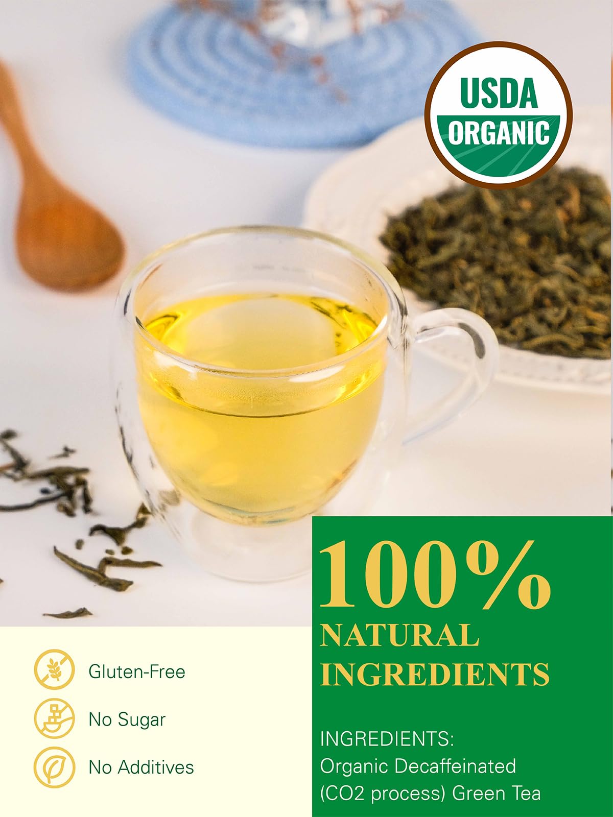 GLDNT Organic Decaf Green Tea, Organic Decaffeinated Green Tea Loose leaf, Delicate & Smooth Flavor, Hot & Iced Tea, 16 Ounce