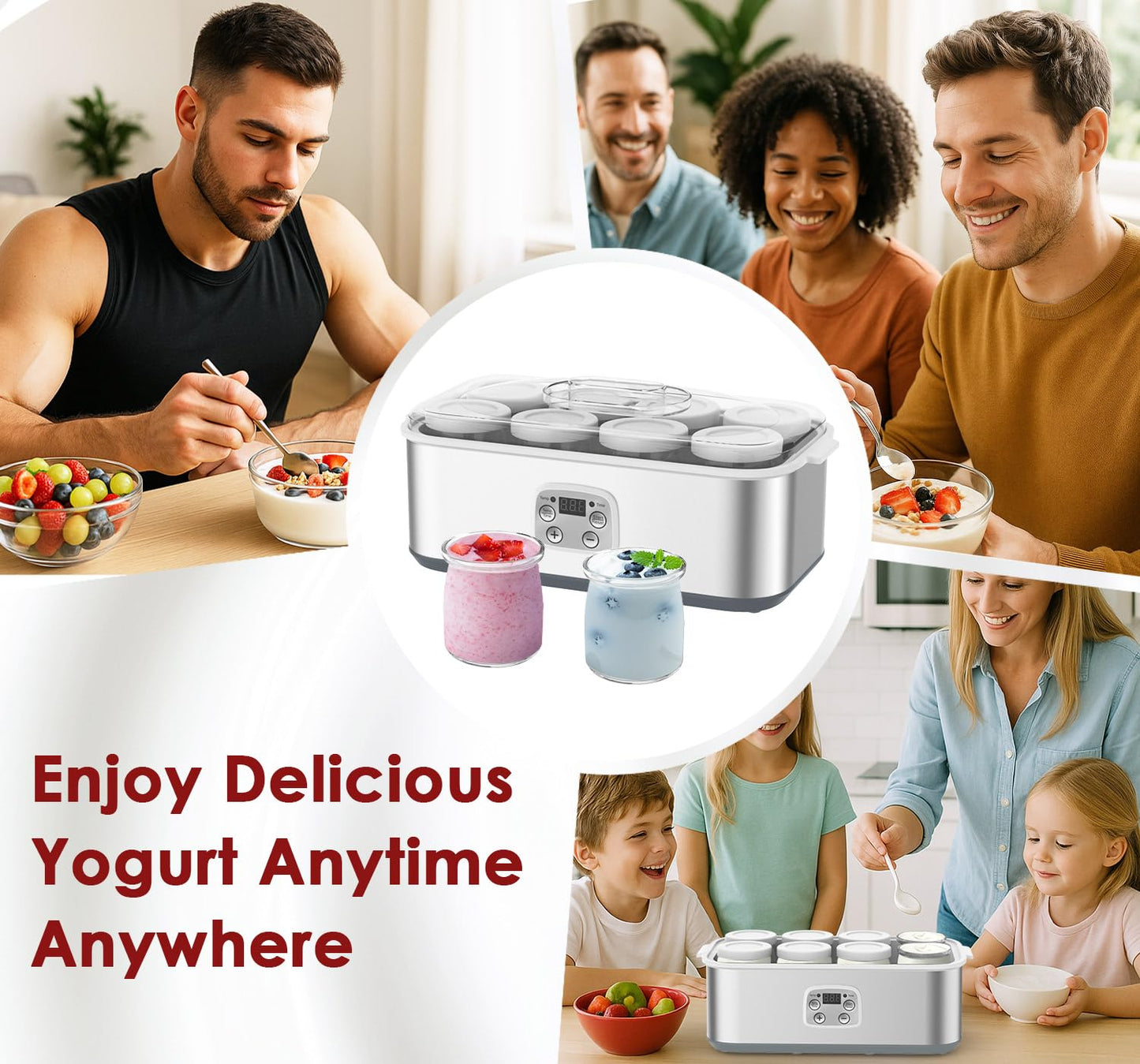 Suteck Yogurt Maker - Stainless Steel Yogurt Makers with Adjustable Time & Temp Control，Automatic Shut-Off & Constant Temper for Homemade Greek, Probiotic Yogurt, BPA-Free 8 Glass Jars (48 oz)