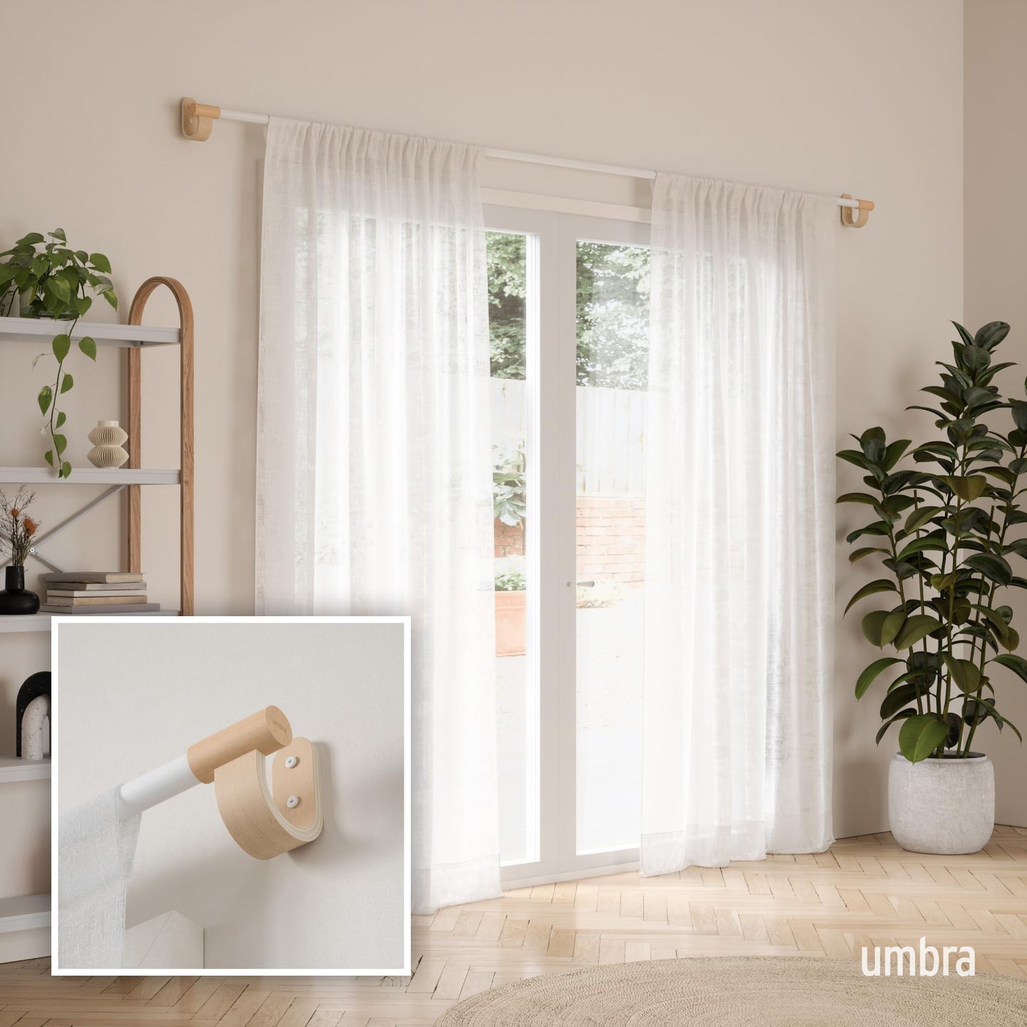 Umbra Bellwood Curtain Rod for Window Drapery, Adjustable Length 42" to 120", Set Includes Finials and Mounting Hardware, White/Natural
