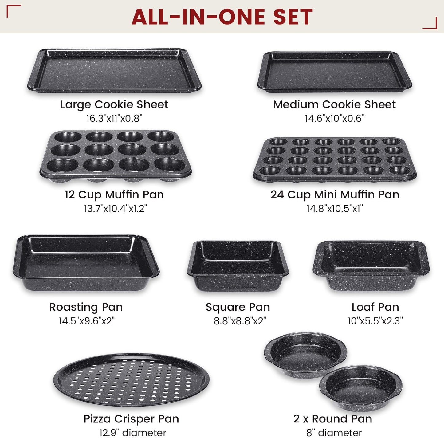 Terlulu 10-Piece Baking Pans Set, Bakeware Sets Nonstick, Baking Set for Oven Cooking, Stackable Carbon Steel Set Include Cookie Sheets, Muffin Pan, Cake Pan, Pizza Pan, Loaf Pan, Roasting Pan, Black