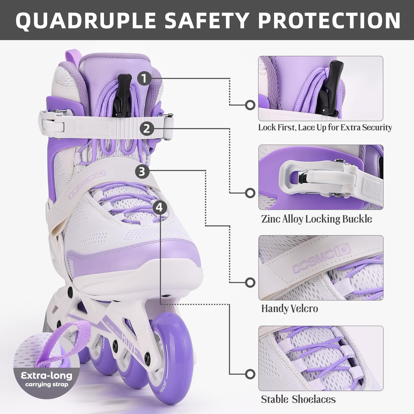 COSMOID Women's Adult Fitness Inline Skate, Outdoor Street Blades Roller Adult Female, Professional Fitness Roller Skates Blades, White and Purple,Size 5-12,Move