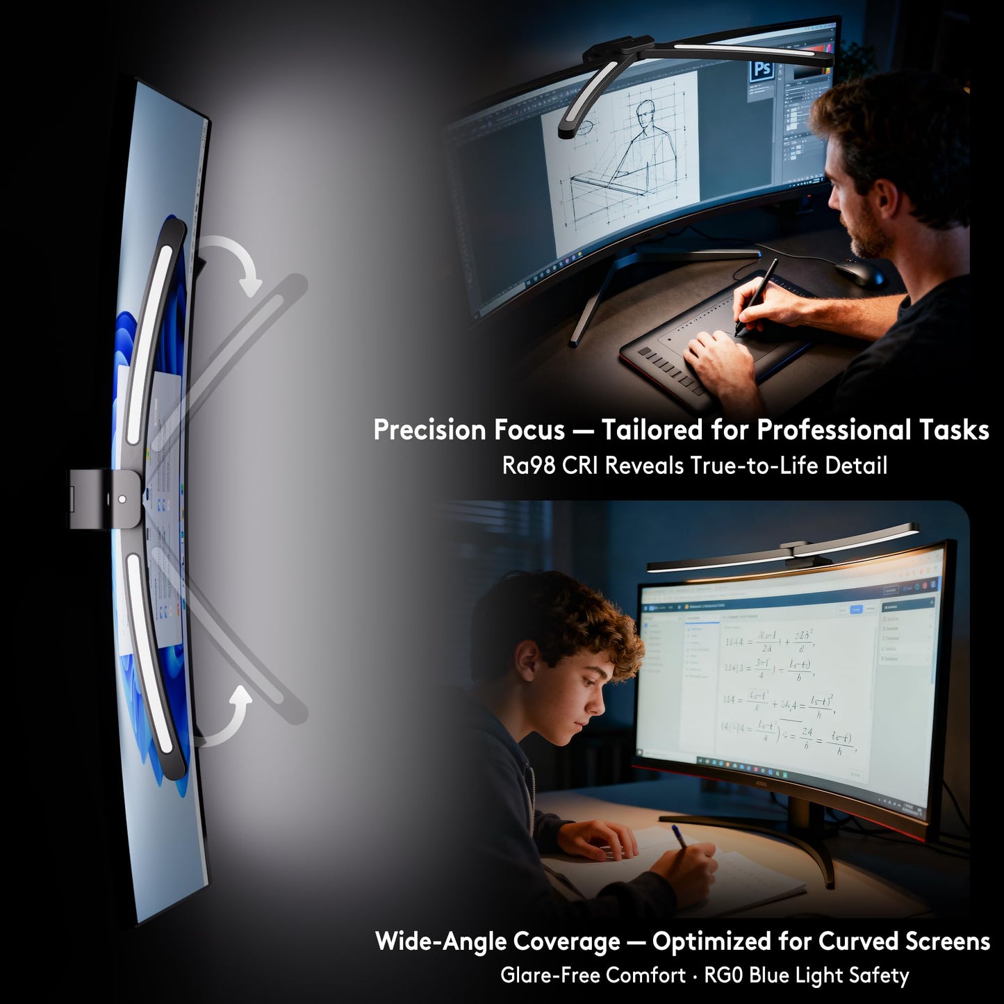 Quntis Curved Monitor Light Bar 15 RGB Backlight for 34"+ Screens, Computer Bar Lights Foldable Dual Light with Color Temperature Brightness Stepless Dimming, No Glare Desk Lamp for Home Office Gaming