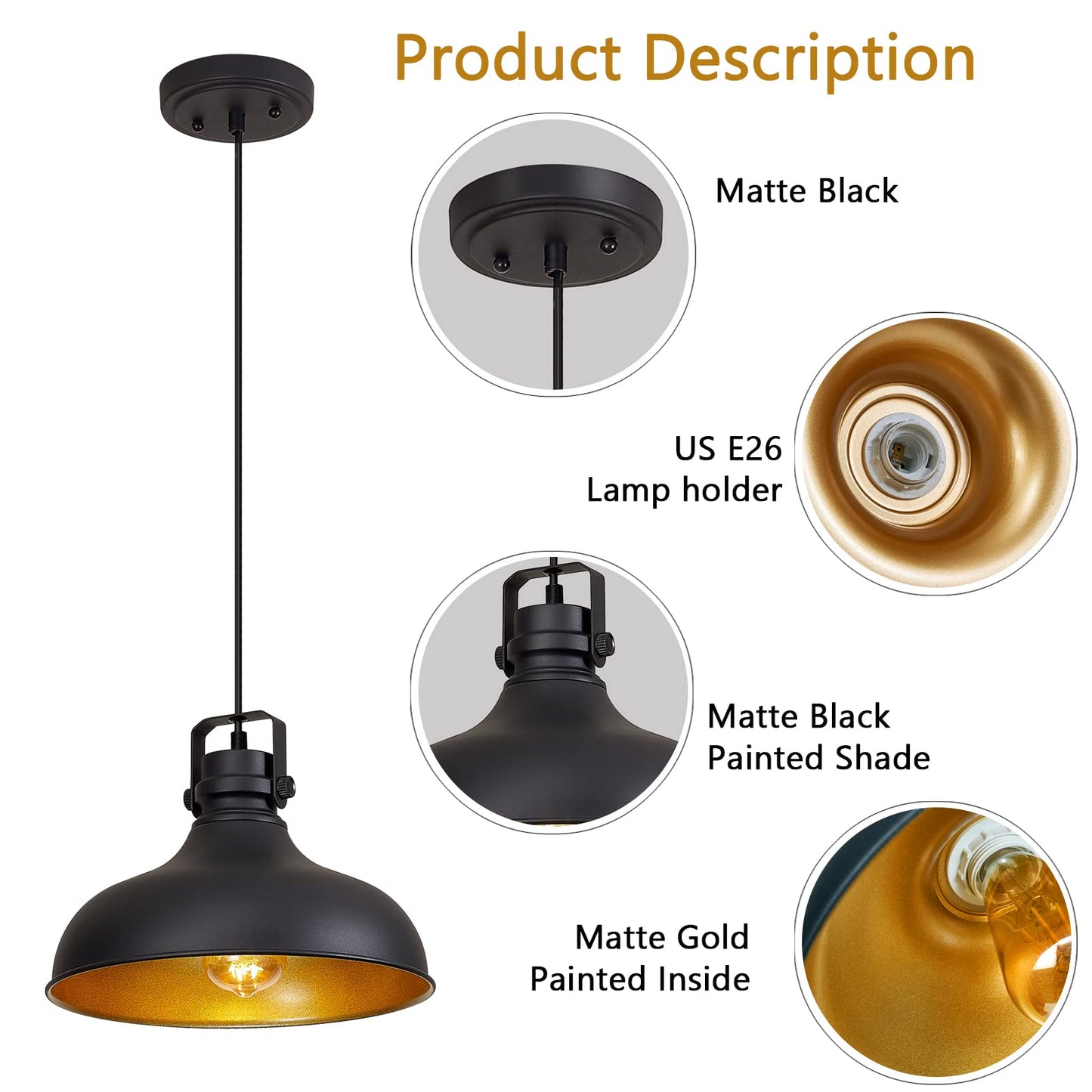 ALAISLYC Black Farmhouse Pendant Lights Matte Pendant Lighting for Kitchen Island Industrial Adjustable Height Vintage Dome Hanging Light Fixtures for Barn, Dining Room 2 Packs