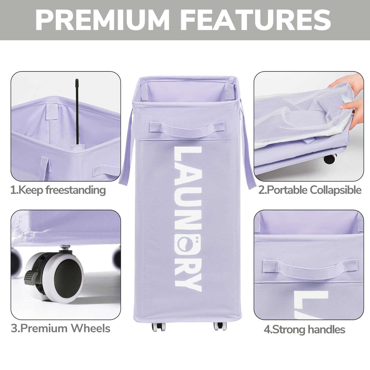 Goodpick Laundry Basket with Wheels,75L Collapsible Laundry Baskets with Removable Wash Bag, Clothes Laundry Hamper on Wheels, Light Purple