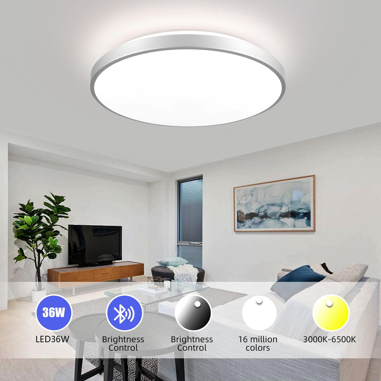 HOREVO LED Bluetooth Ceiling Light with Speaker Remote Control‌ Dimmable RGB Color Changing, Modern Flush Mount for Living Room, Bedroom, Kitchen, Laundry，Silver 16inch