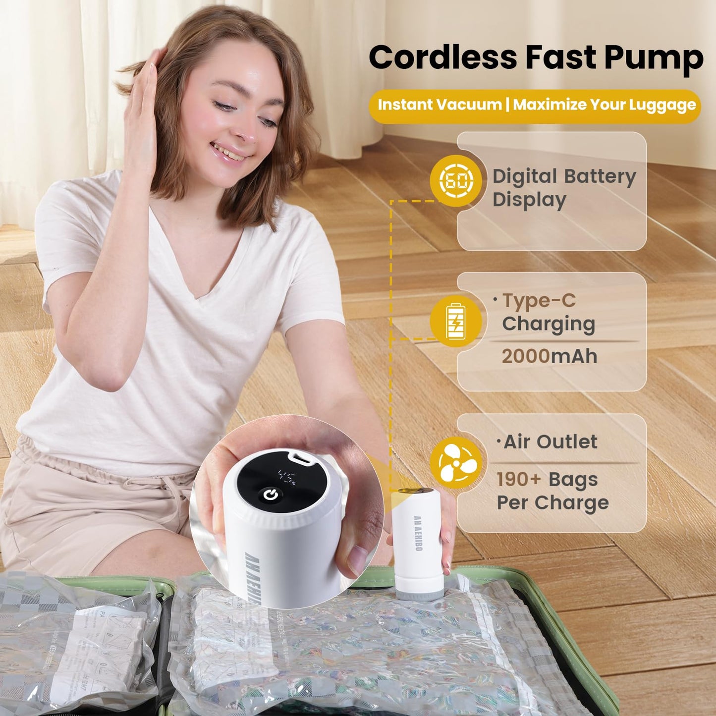 Vacuum Bags for Travel with Rechargeable Digital Display air Pump, 21 PCS Combo Travel Size Vacuum Seal Bags for Luggage and Suitcase,Space Saver for Clothes,Home Storage