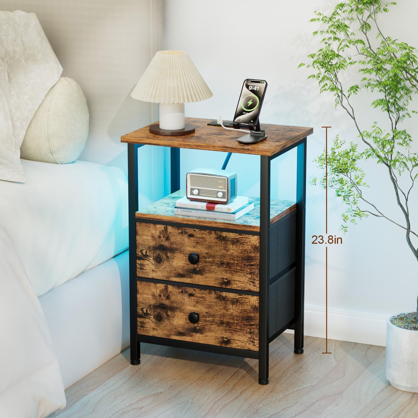 LOAKEKEL Night Stand with Charging Station, Small Bedside Table with USB Ports & Outlets, LED Nightstand with 2 Fabric Storage Drawers PU Finish for Bedroom, Brown, HETS02BR-1