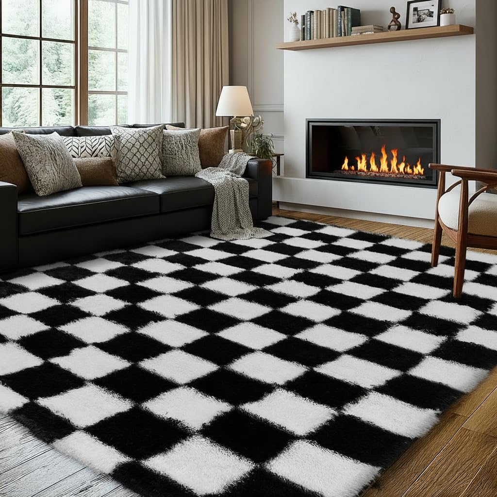 Super Soft Rug for Bedroom, 8x10 Ft Black and White Area Rug Classic Checkered Shaggy Anti-Skid High Pile Soft Fluffy Rug Fuzzy Carpet for Living Room Bedroom Kids Room Nursery, Dorm Home Decor