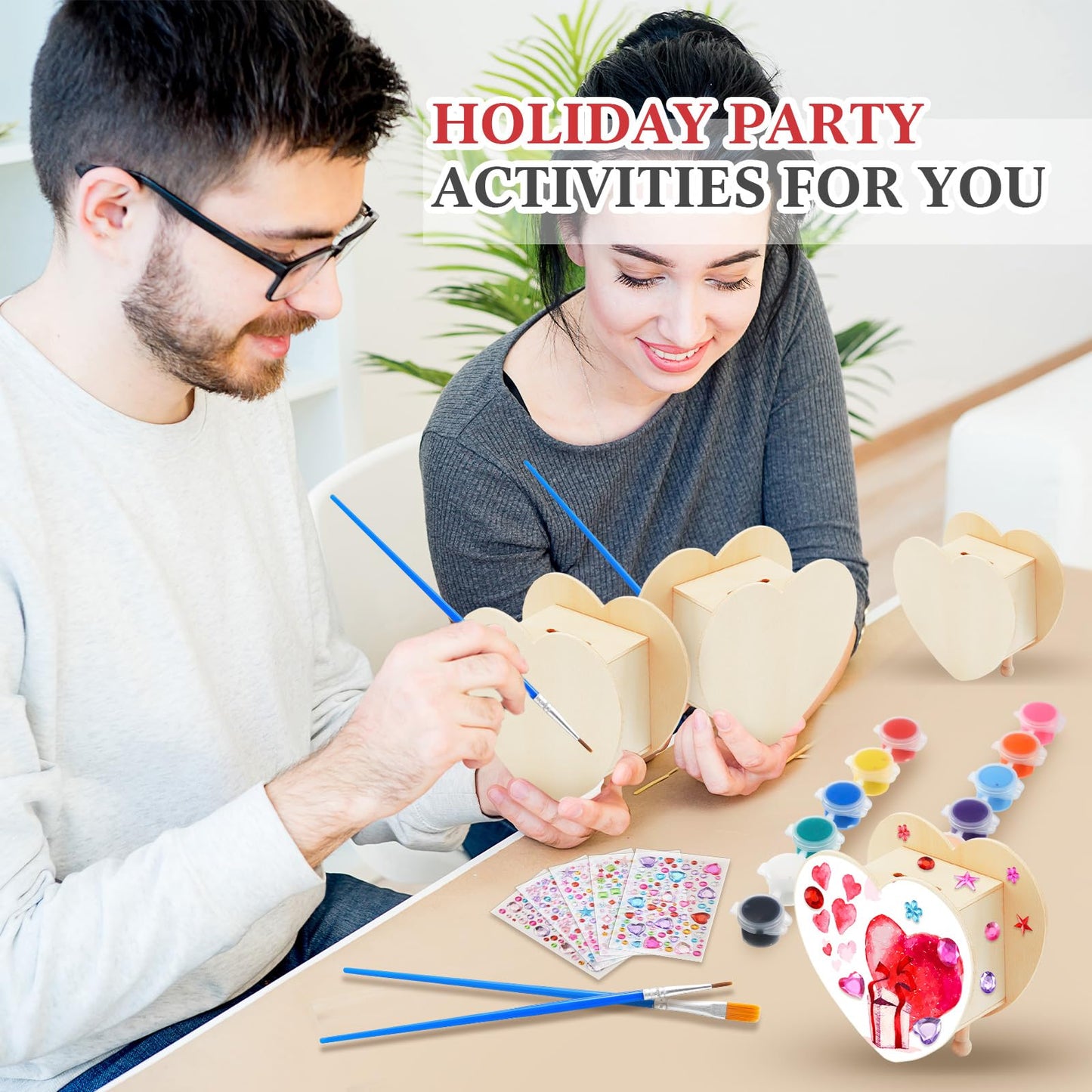 Tioncy 24 Pcs DIY Wooden Piggy Banks Unfinished Heart Shaped Wooden Piggy Coin Banks with 4 Paint Strips 4 Brushes 5 Sheets Gem Stickers Jewels for Crafts Valentine Birthday Activities Gift