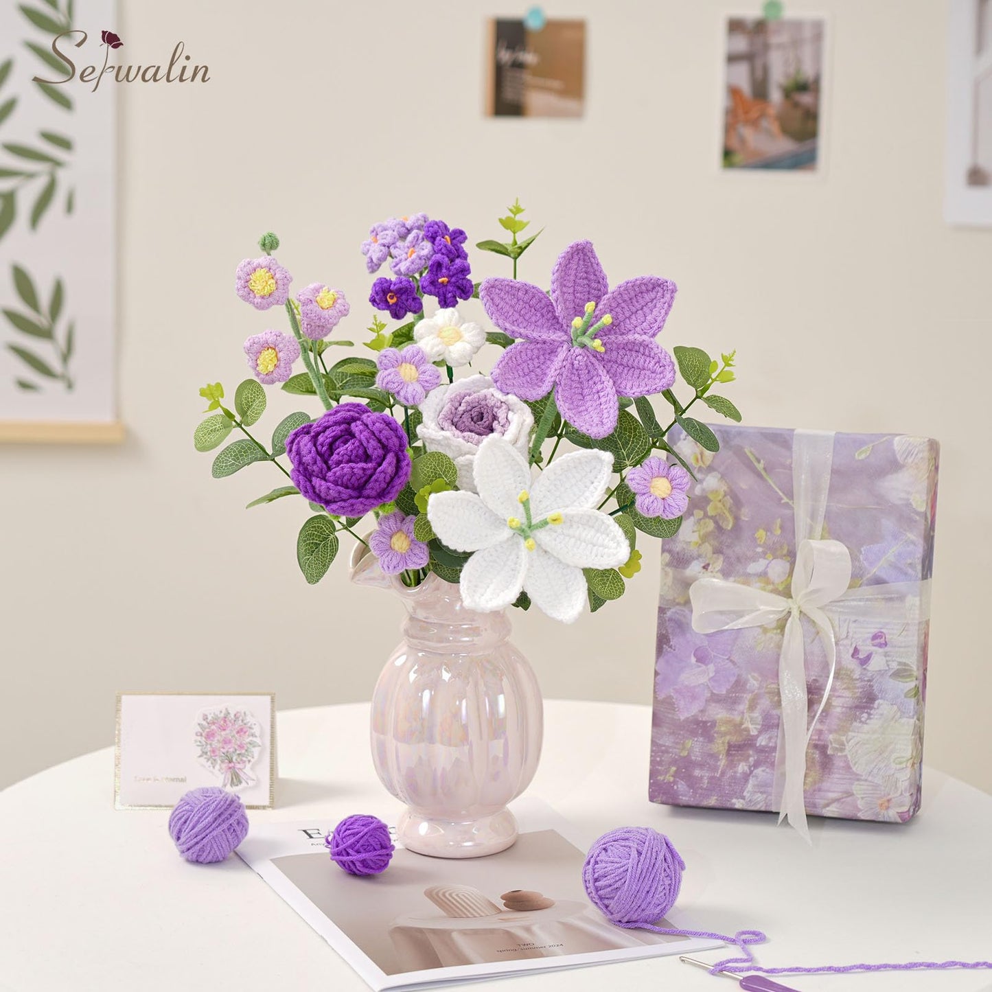 Serwalin Crochet Flower Bouquet, Purple Handmade Knitted Flowers, Liliy Roses Crochet Flowers for Mother's Day Graduation Lover Teacher Anniversary Birthday Gifts, for Girlfriend,Wife(Include Card)