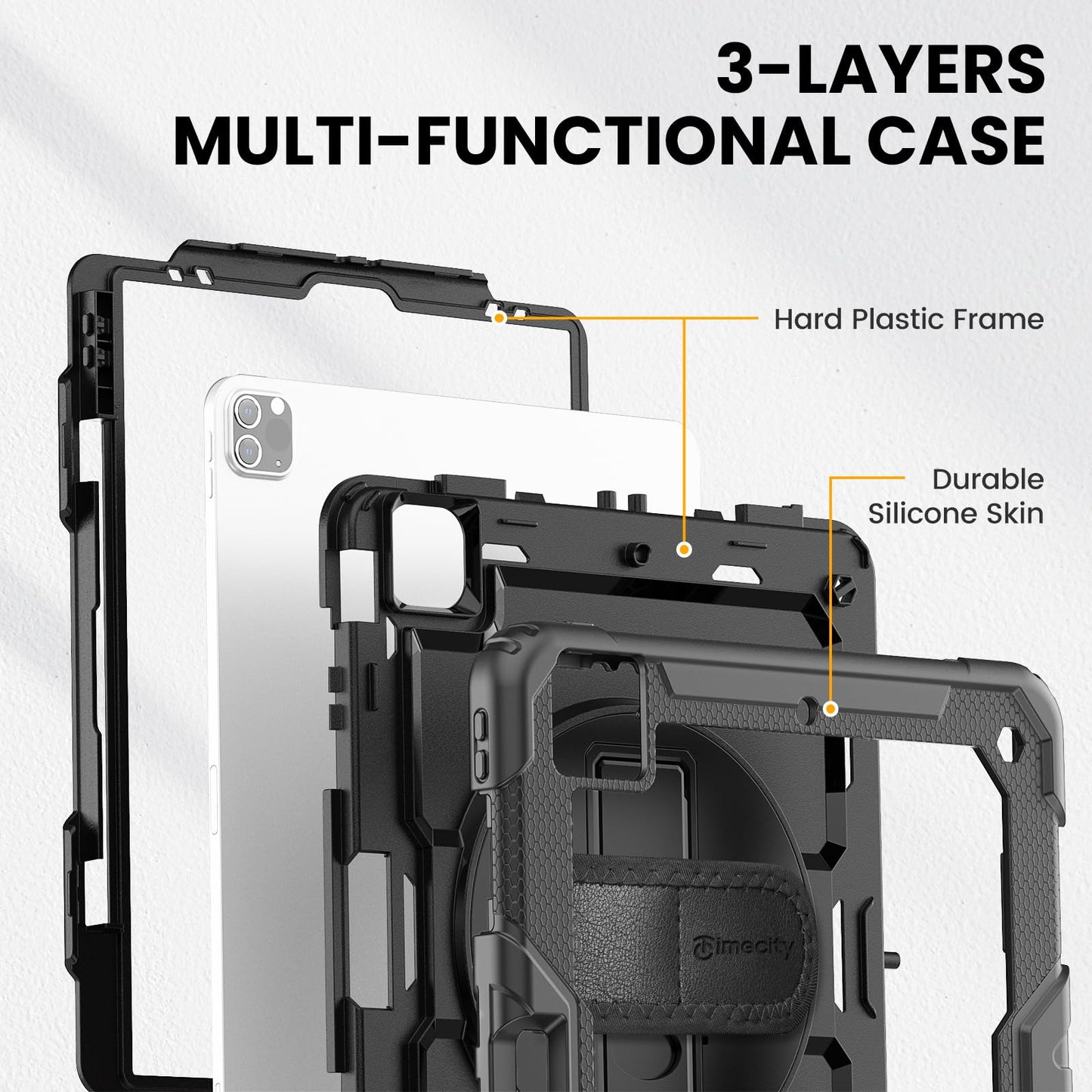 Timecity Protective Case for iPad Pro 12.9 inch 6th/ 5th/ 4th/ 3rd Generation, with Strong Protection, Screen Protector, Hand/Shoulder Strap, Rotating Stand, Pencil Holder - Black