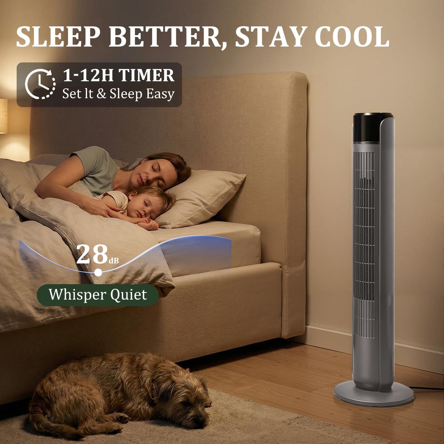 Tower Fan for Bedroom, Bladeless Cooling Fan with Remote, 60° Oscillating Standing Fan with 28dB Quiet for Sleep, 12H Timer, 5 Speeds 4 Modes, LED Display, 20ft/s Velocity Floor Fan for Indoor Use