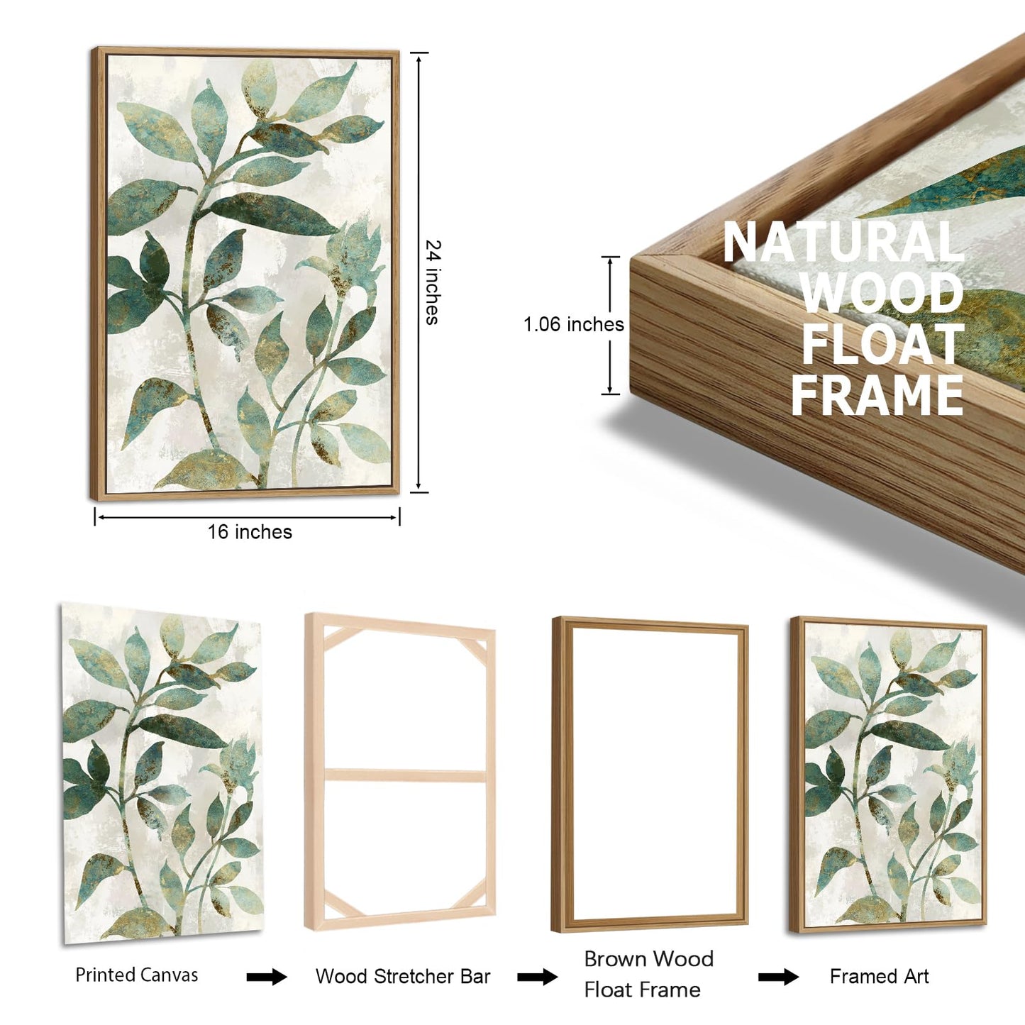 Large Framed Canvas Wall Art - Natural Float Framed Rustic Green Flowers Leaves Pictures Paintings White Grey Artwork Decor for Bedroom Living Room Kitchen Home Office Decoration 48" X 24" Set of 3