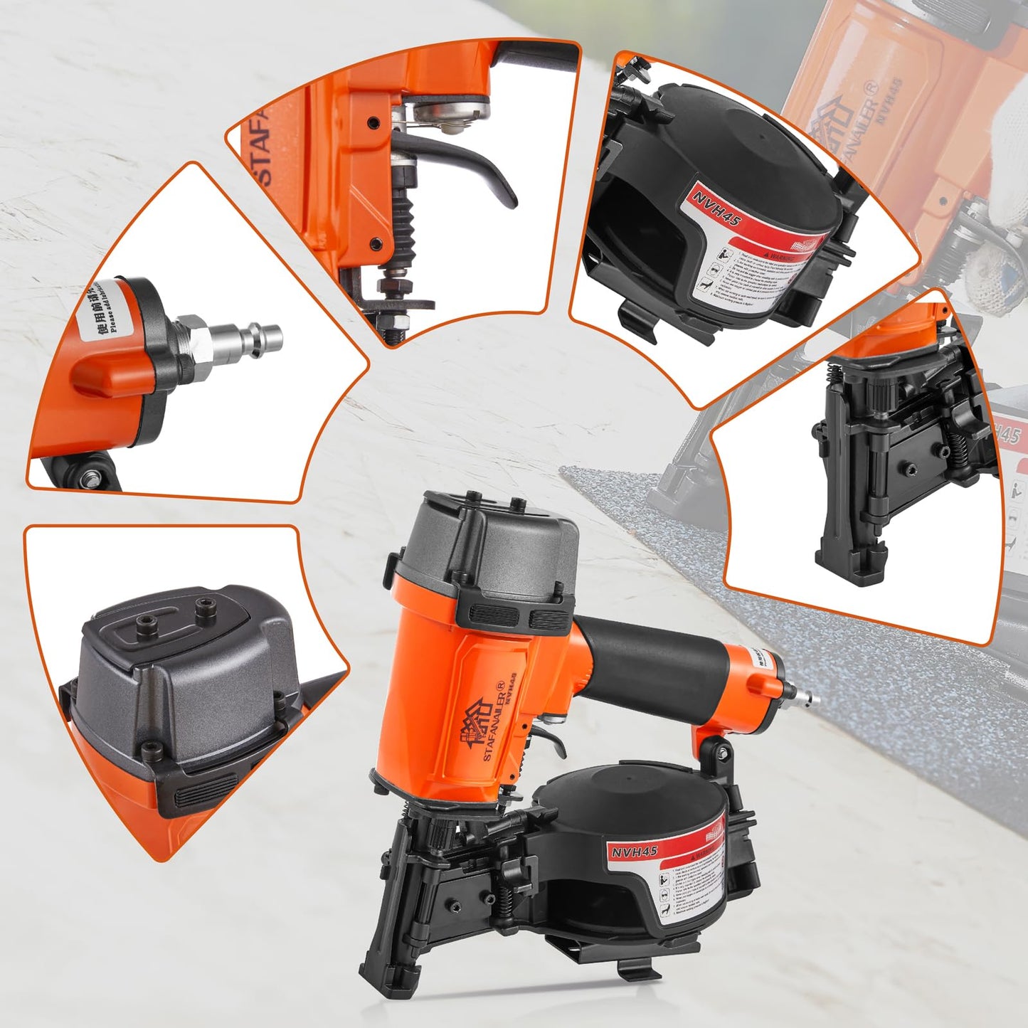 2025 Upgraded - NVH45 Roofing Nailer, Roofing Nail Gun For Roofing Constructions Accepts 15 Degree 7/8-Inch to 1-3/4-Inch Nails, 120-pcs Load Capacity High Speed, Durable Pneumatic Coil Nailer