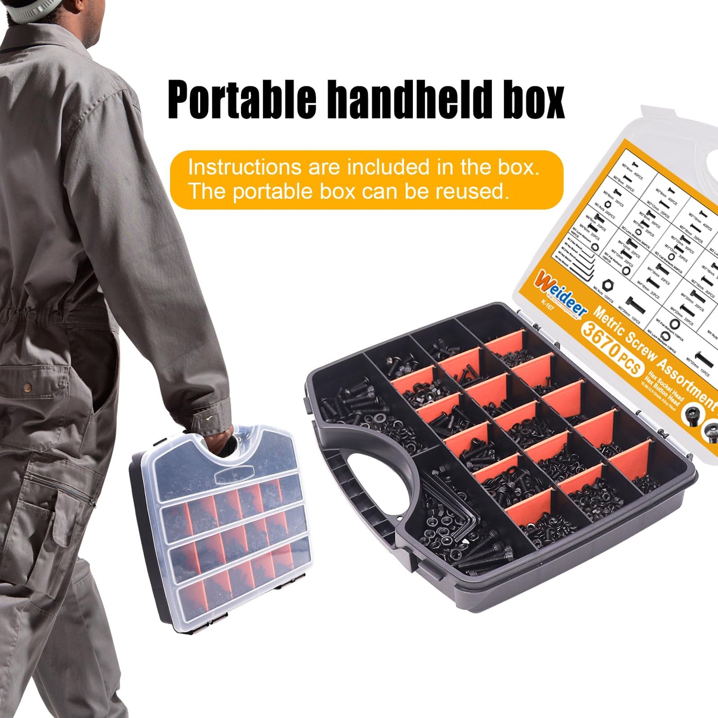 weideer 3670pcs M2 M3 M4 M5 Metric Screw Assortment Kit,Metric Bolt Assortment,12.9 Alloy Steel Hex Socket Head 10.9 Alloy Steel Hex Button Head Machine Screws Nuts Washers with Wrench
