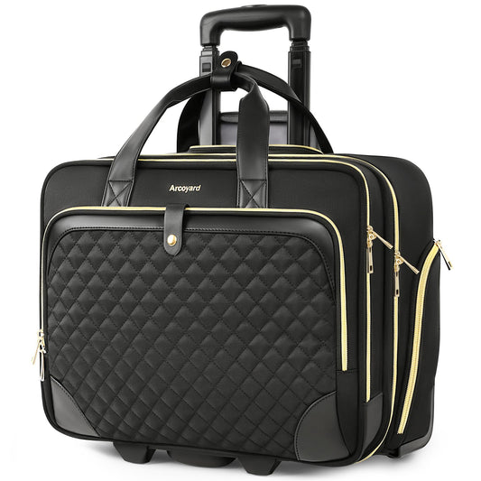 Arcoyard Rolling Laptop Bag Women, Rolling Briefcase for Women with Waterproof Pocket, 17.3 Inch Computer Bag, Underseat Carry On Luggage with Wheels for Work Travel Business, Lightweight Black