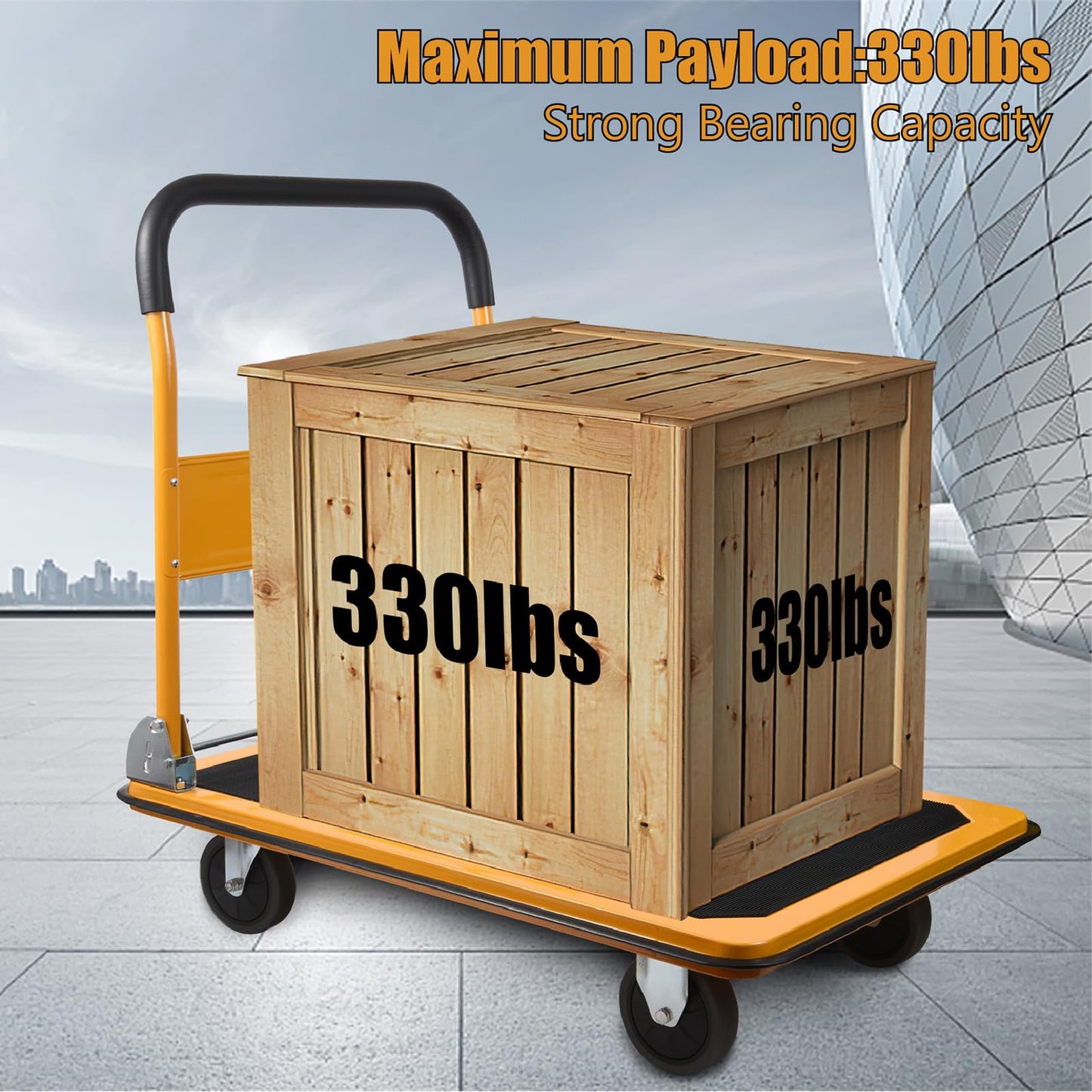 LEADALLWAY Foldable Push Cart Platform Cart 330lbs Capacity 4 Wheels 28.7x18.5x32.3inches Yellow Small Flatbed Cart