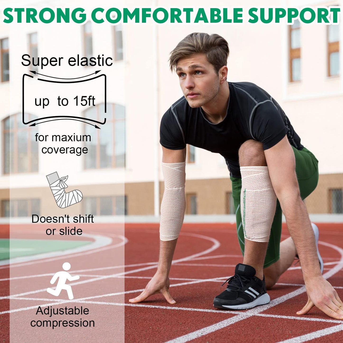 LEIFIDE 36 Pack Compression Bandage Wrap with Self Closure on Both Ends Elastic Bandage for Legs, Knees, Ankles, Wrists, Elbows, Shoulders, Athletic Stretchable Wrap(6 Inch,Green Trim)