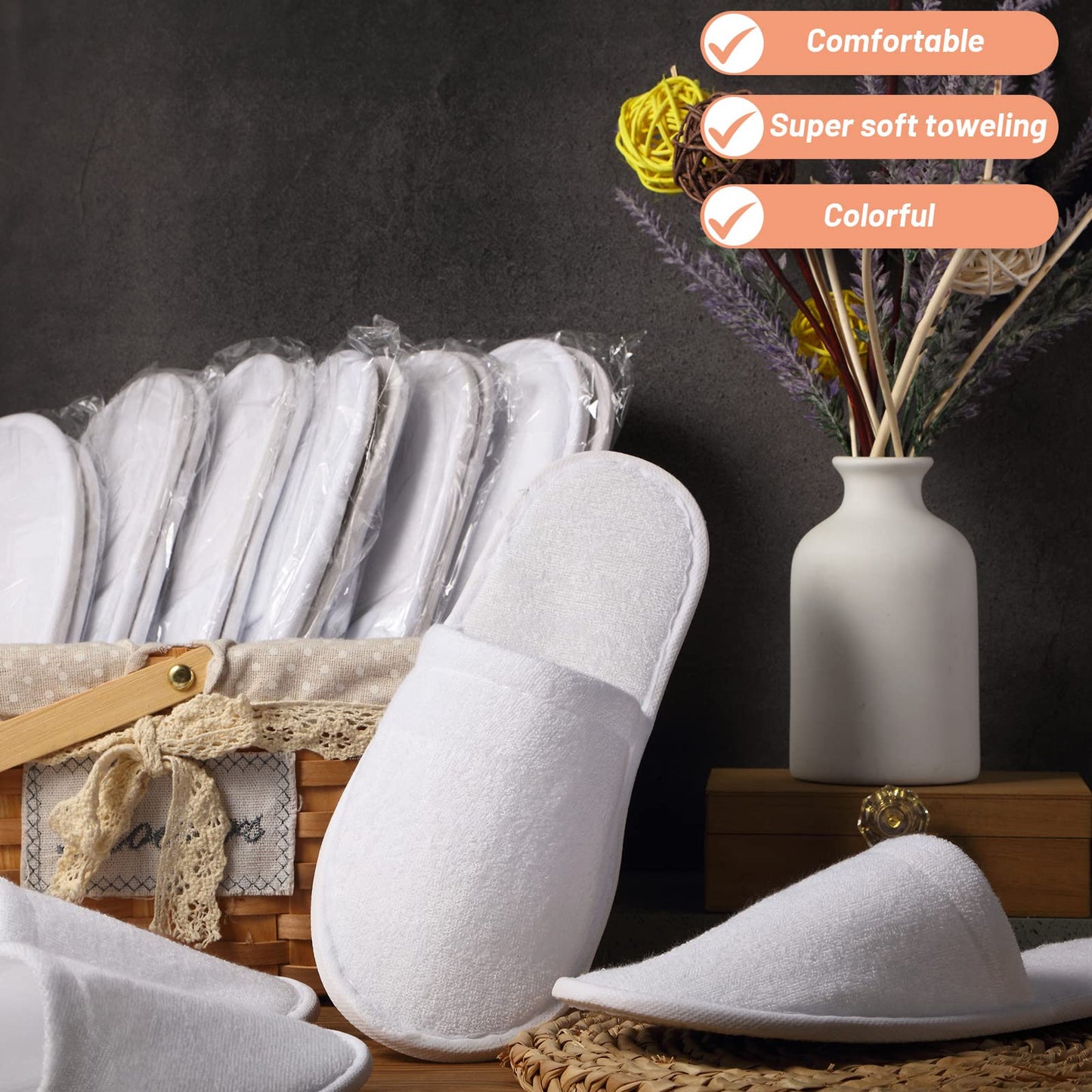 Geyoga 24 Pairs Disposable Slippers for Guests Bulk 2 Size Cotton Hotel Spa House Slippers for Graduation Wedding Party Shoeless Home Travel Individually Wrapped(White)
