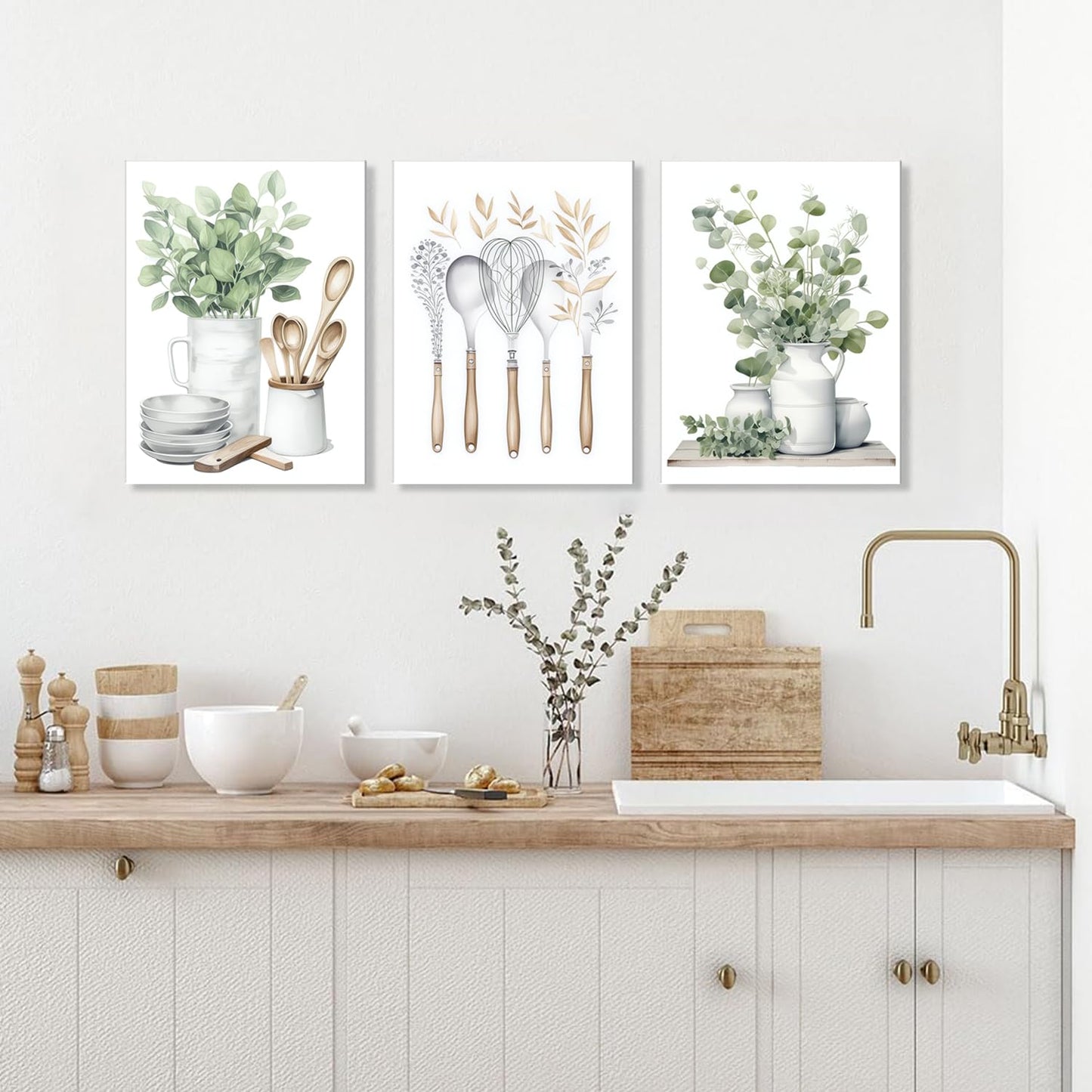 YFvrPt Sage Green Kitchen Wall Art Set of 3, Eucalyptus Leaves Plant Dining Room Painting Wall Decor, Boho Botanical Canvas Poster Print Farmhouse Pictures for Home Decoration Framed 16"x24"