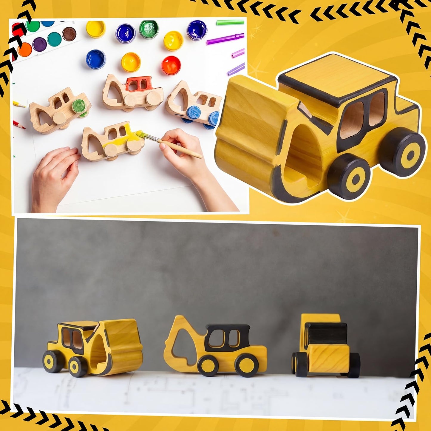 Arrowbash 12 Pieces Construction Crafts Wooden Excavator Truck Crafts Kit DIY Unfinished Wooden Painting Excavator Truck Party Favors for Construction Birthday Party Home Activities Easy Supplies