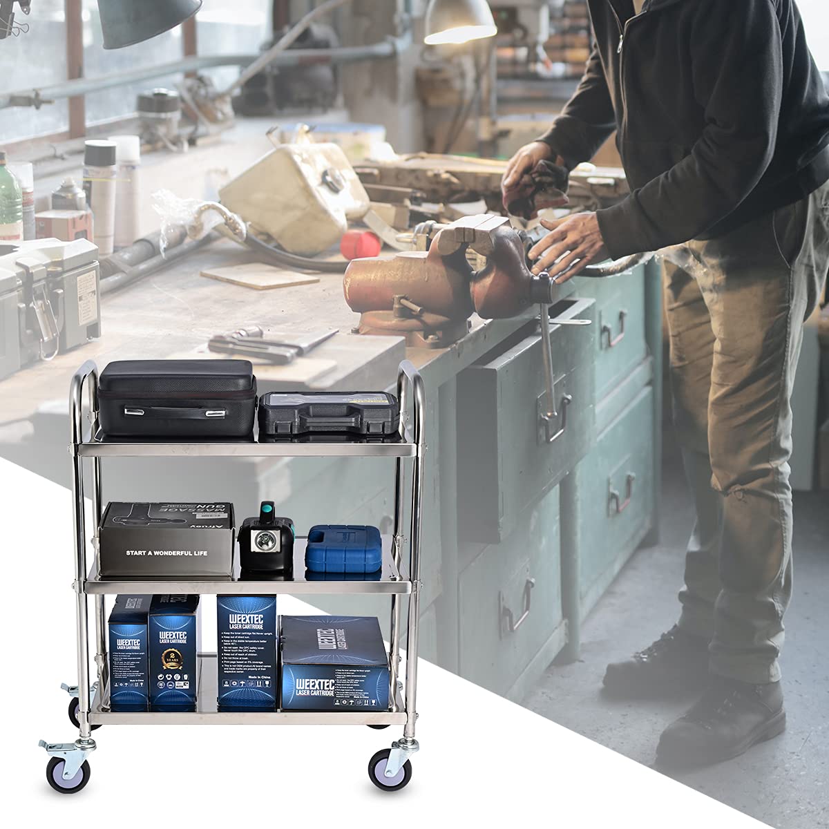 Amarite 3 Shelf Stainless Steel Cart, 420 lbs, 1MM Thick, Serving With Wheels, Household Service Trolley, 360 Rotation Storage Shelf With Locking Wheels (29.5*15.8*37.4)'' Utility