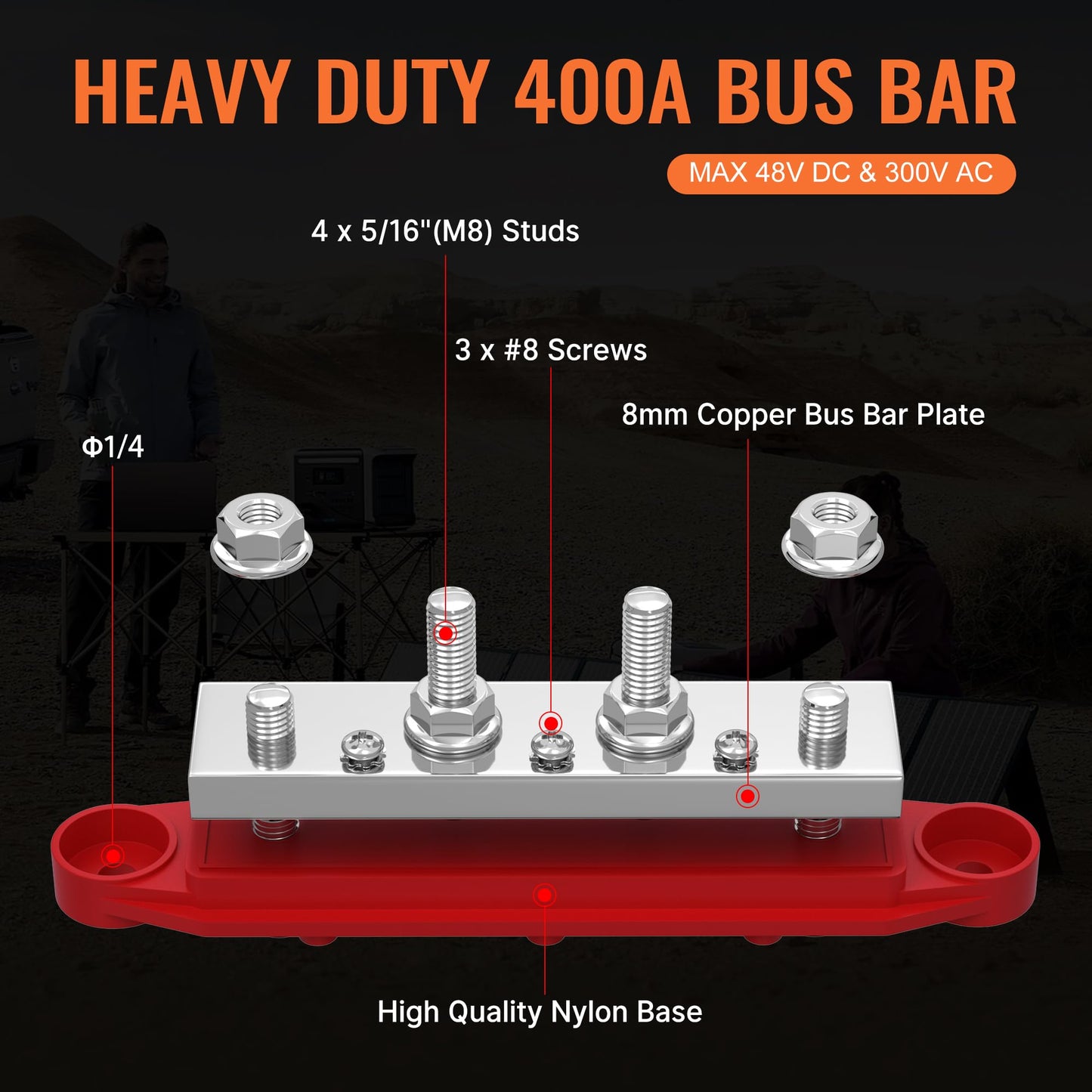 Joinfworld 400A Power Distribution Block 12V Bus Bar with 4 x 5/16"(M8) Studs Battery Bus Bar 48V DC Marine Terminal Block for Automotive Car Solar - Negative&Positive