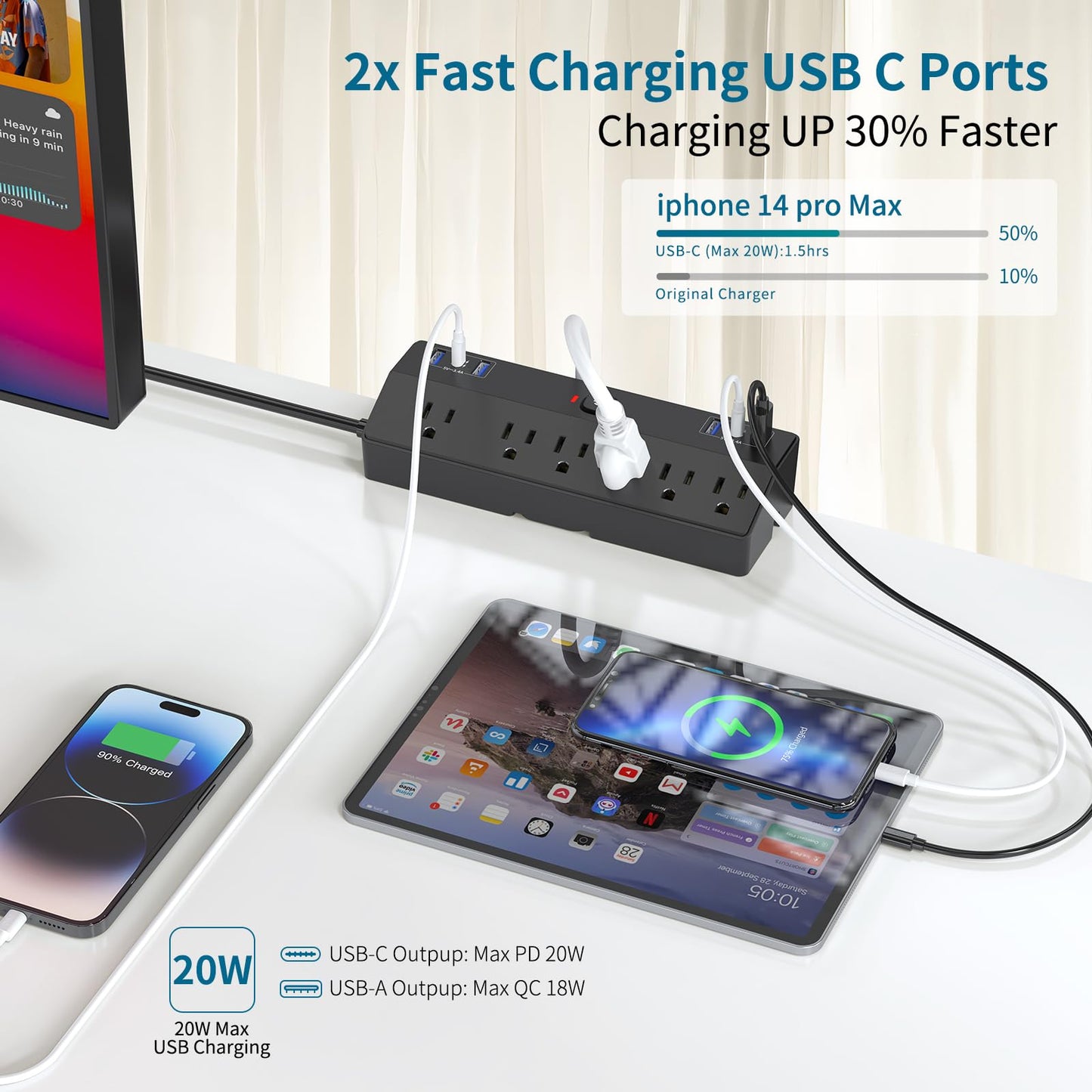 40W Fast Charging Desk Clamp Power Strip 2 PD USB C Desk Charging Station,10FT Desk Extension Cord Flat Plug with 6 AC/6 USB,Fararaka Removable Desk Surge Protector Power Strip Fits 1.8" Tabletop Edge