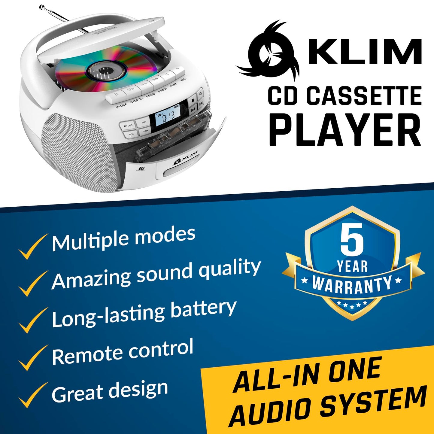 KLIM CD Player & Cassette Tape Player, Bluetooth Boombox, AM/FM Radio, Stereo Sound, Remote, CD and Cassette Combo, Tape Recording, USB Drive, AUX, AC/DC Powered - White