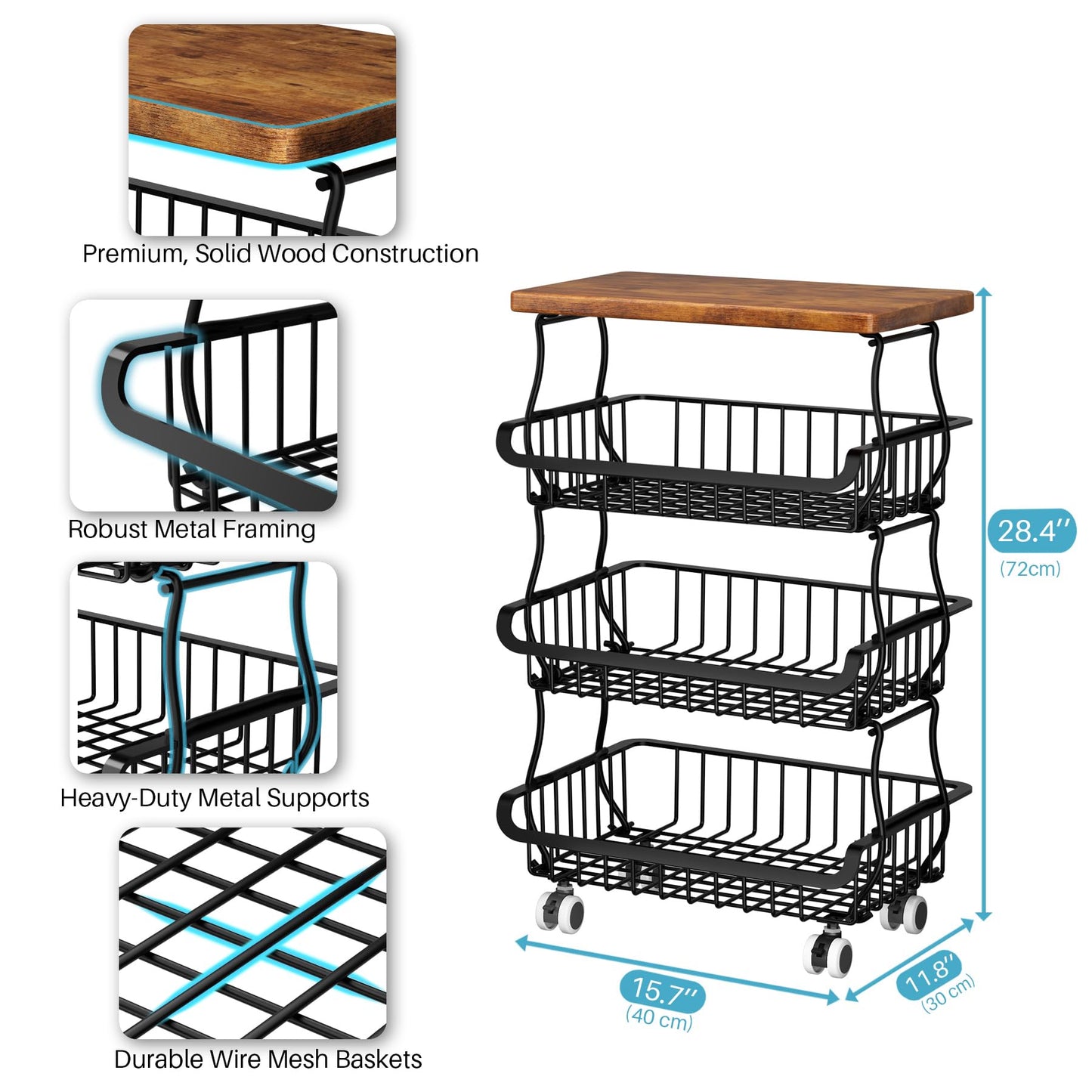 4 Tier Vegetable Fruit Basket for Kitchen, Stackable Metal Fruit and Vegetable Storage Baskets with Rolling Wheels Cart, Fruteros Para Cocina Potato and Onion Bin Pantry Kitchen Island Cart Counter