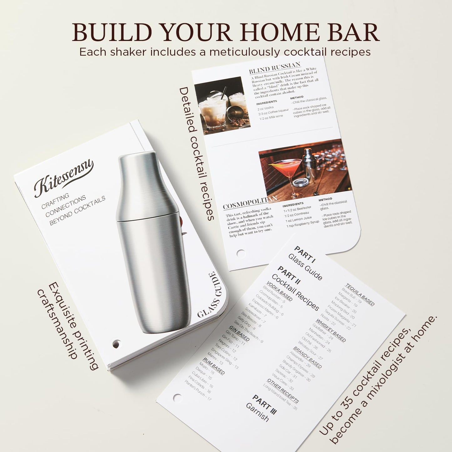 Kitessensu Hybrid Cocktail Shaker | Vacuum Insulated Stainless Steel Martini Shaker with Double Wall Martini Cup | Integrated Measuring System | Tumbler Lid & Cocktail Recipes Included | Cream