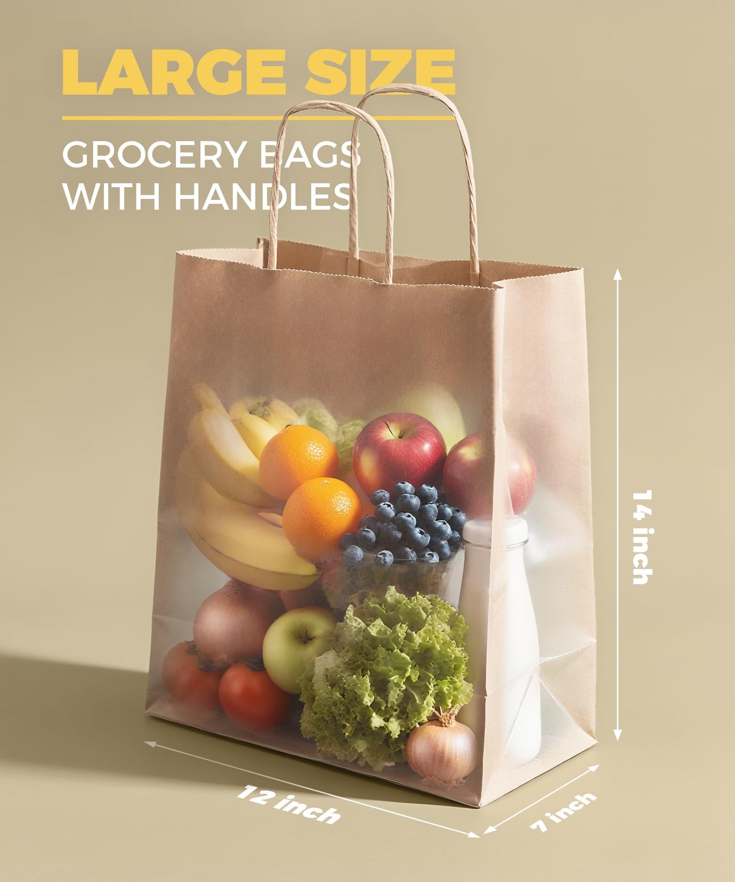 Sipthene Paper Grocery Bags with Handles (100 Pcs Bulk) 12x7x14 Inches, Large Brown Paper Bags 57 Lbs Basis - Heavy Duty Kraft Paper Sacks for Shopping, Retail, Takeout, To Go