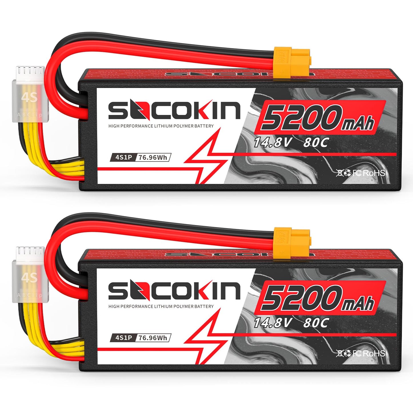 Socokin 14.8V Lipo Battery 4S 5200mAh 80C with Hard Case XT60 Plug for RC Evader BX Car RC Buggy RC Boat Drones Slash 1/10 Scale Racing Truck Racing RC Heli Airplane (2 Pack)