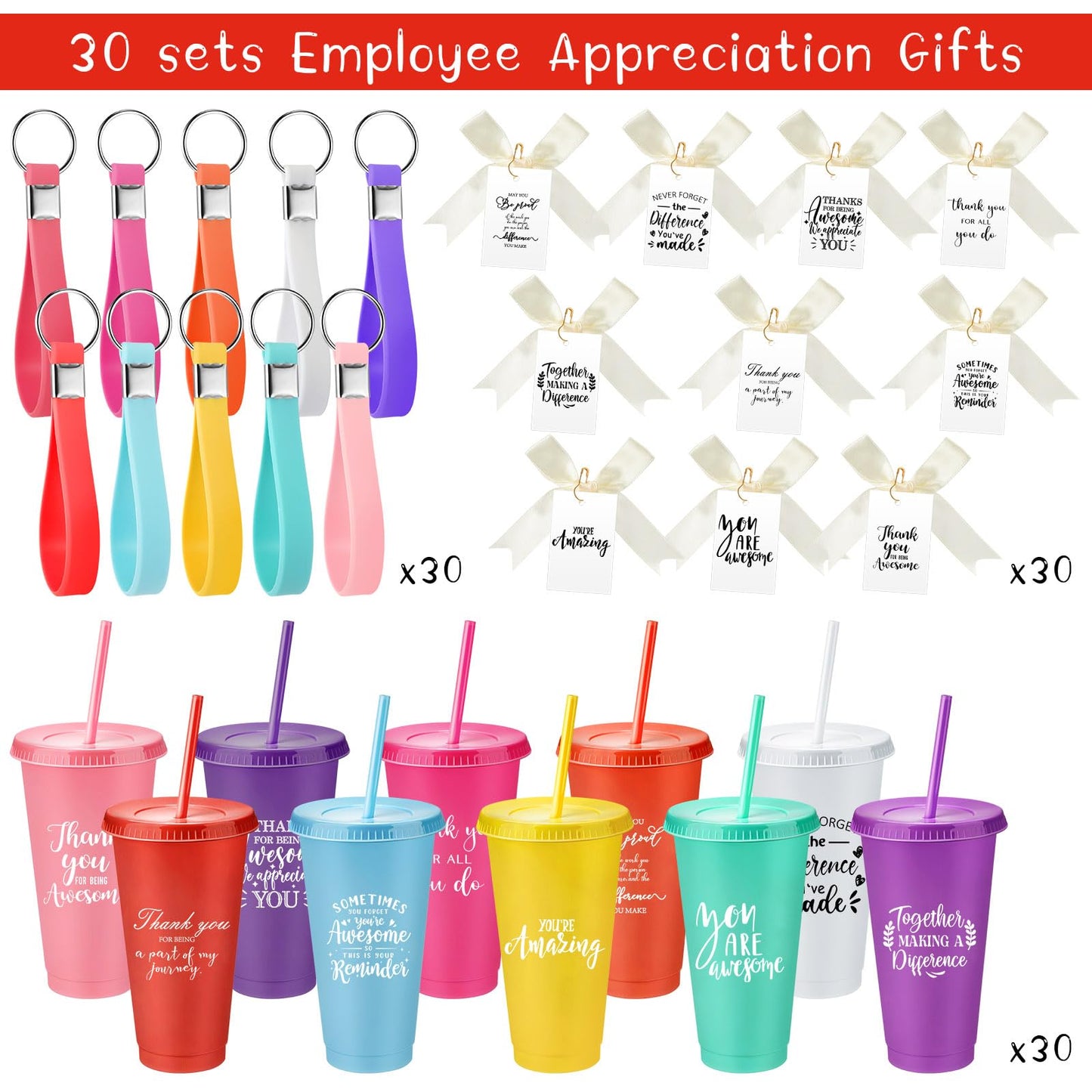 Tioncy 30 Sets Employee Appreciation Gifts Bulk 24 oz Plastic Tumbler with Lid and Straw Reusable Coffee Cups with Keychain Bowknot Card for Coworker Staff Nurses Social Worker Favors(Inspirational)
