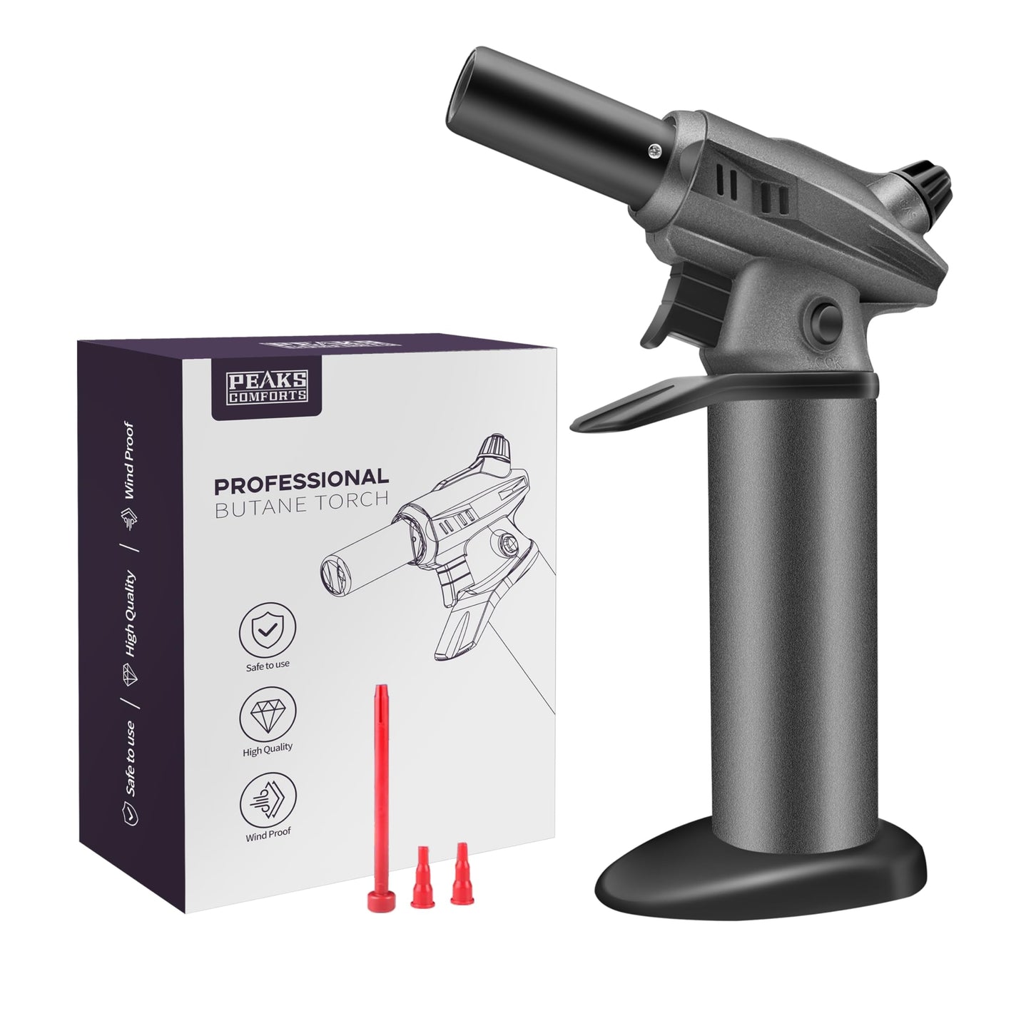Peaks Comforts Butane Torch Blow Torch Creme Brulee Torch Refillable Butane Torch Lighter Kitchen Torch Cooking Torch for Food Baking Crafts BBQ Creme Brule(Safety Lock & Adjustable Flame)