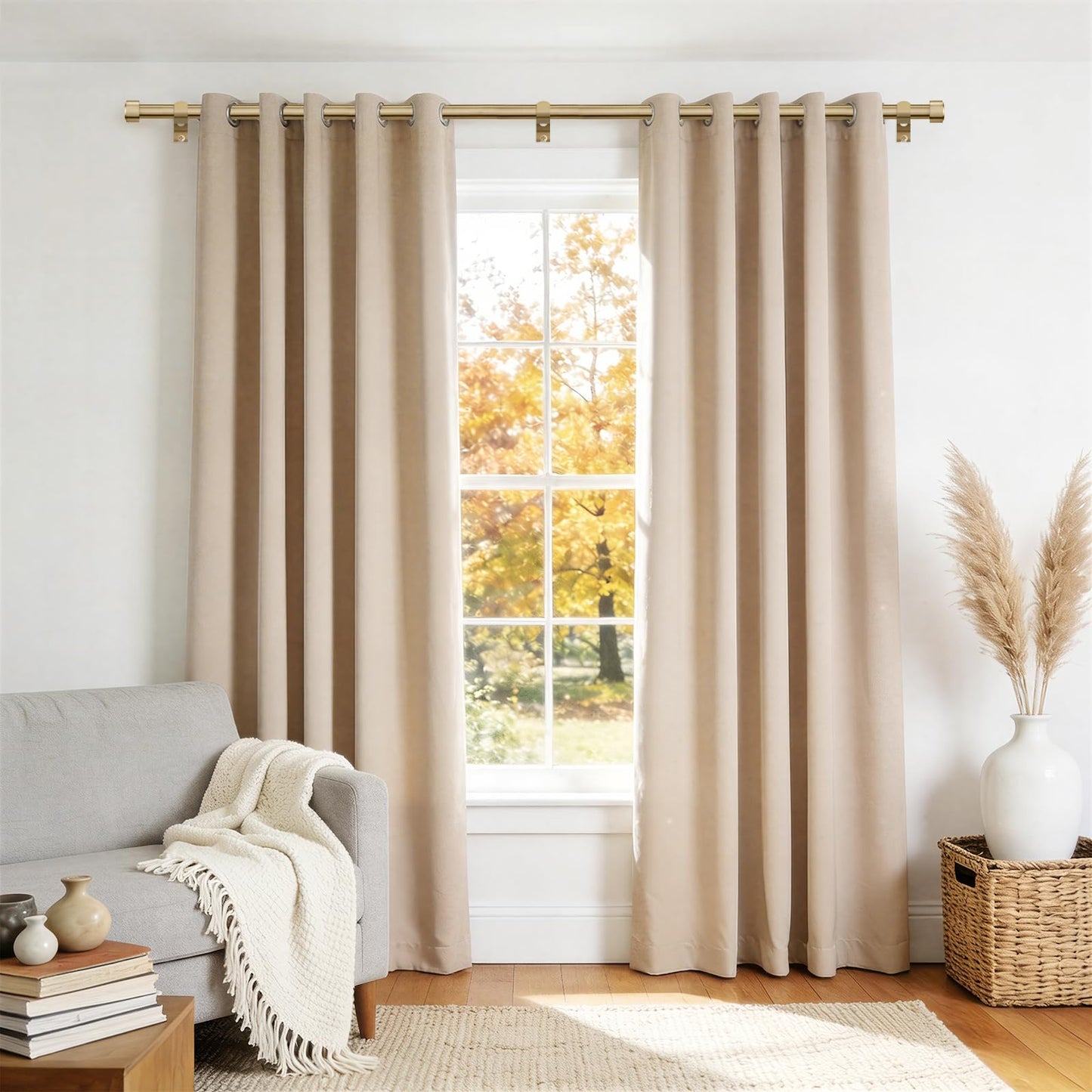 Warm Gold Brass Curtain Rod 36-144 Inches Adjustable, 1" Diameter Heavy Duty Window Rod with Solid Aluminum Finials & Heavy Duty Brackets for Bedroom Living Room Kitchen