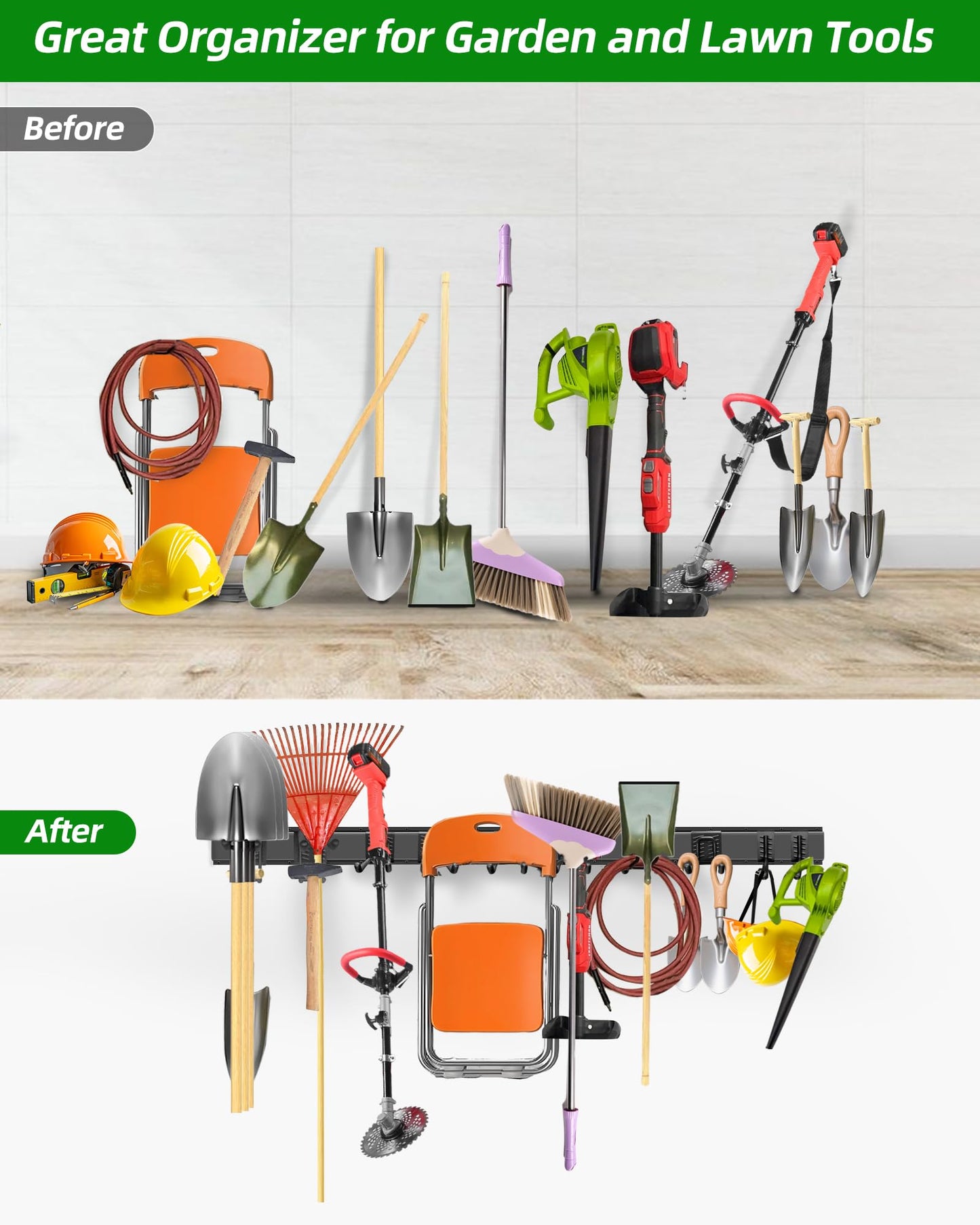 PIYILO 64 inches Garage Tool Organizer Wall Mount, Garden Tool Organizer Rack Heavy Duty, Hanging Storage Organization Racks Holder with 10 Hooks, for Lawn Tools, Shovel, Shed